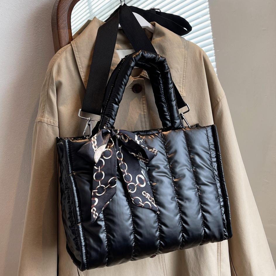 Elegant Women's Totes Bags with Silk Scarf Accent Winter Quilted Crossbody Bags for Women Casual Solid Color Padded Shoulder Bag