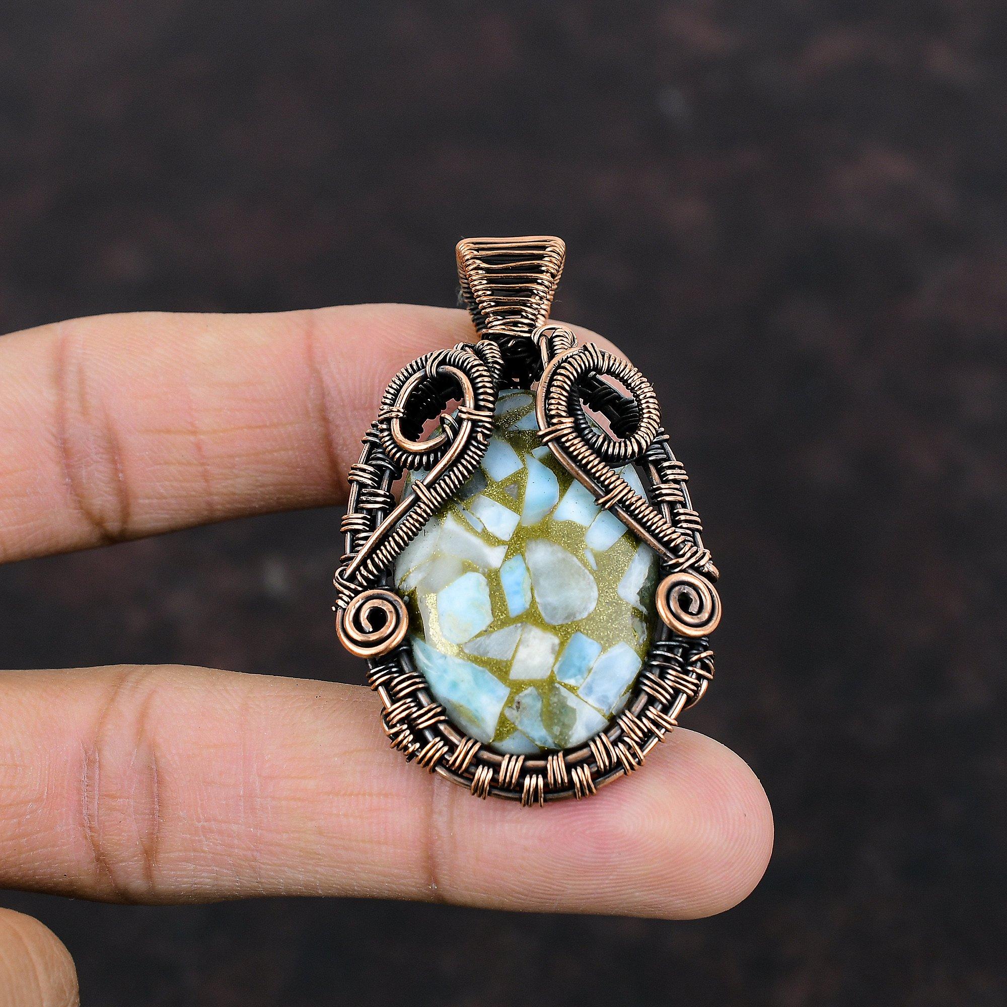 Copper Larimar Pendant Copper Wire Wrapped Pendant Handmade Copper Jewelry Stylish Pendant Wire Wrap Jewelry Gemstone Pendant Gift For Him