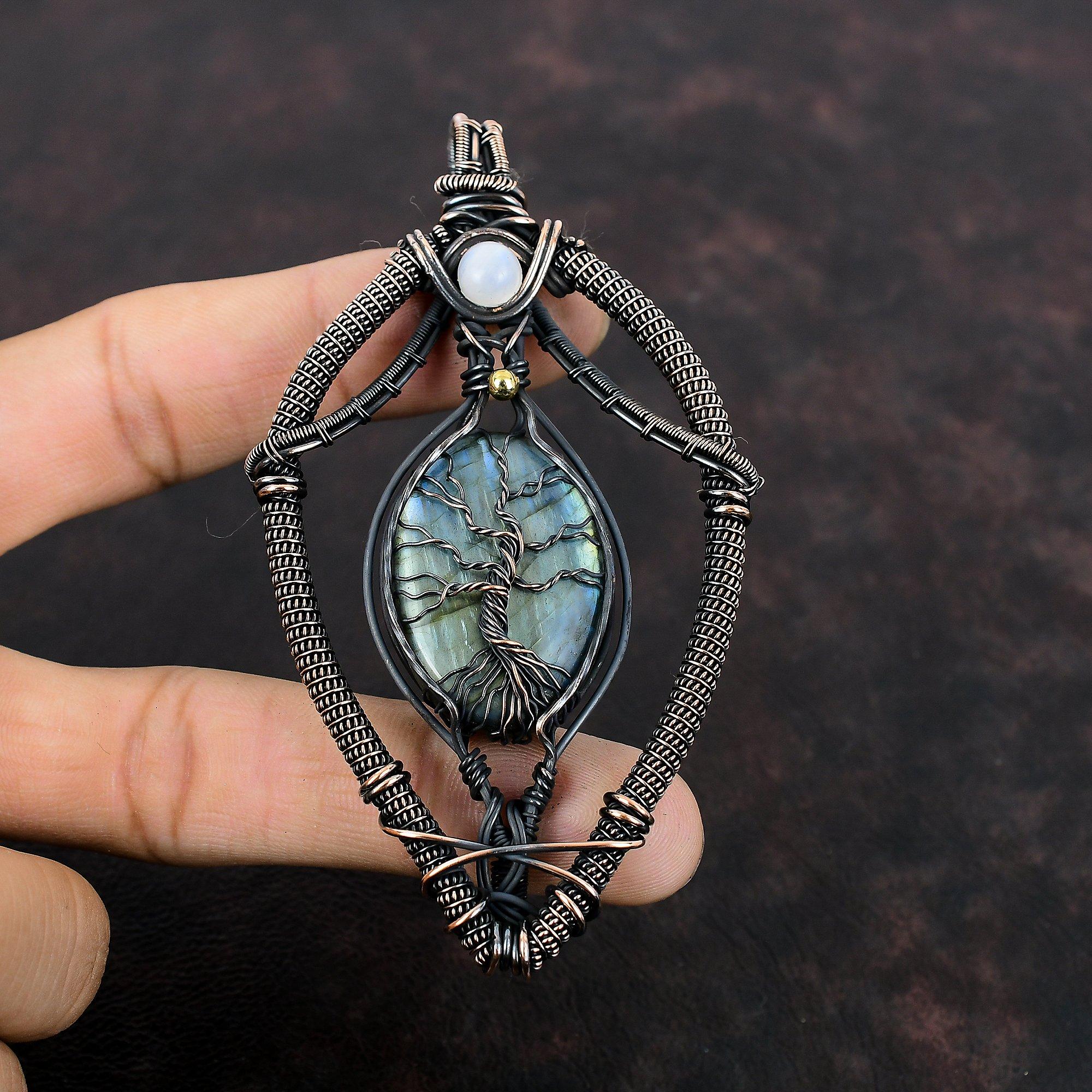 Tree Of Life Labradorite Pendant Copper Wire Wrapped Pendant Rainbow Moonstone Copper Jewelry Gemstone Pendant Handmade Jewelry Gift For Her