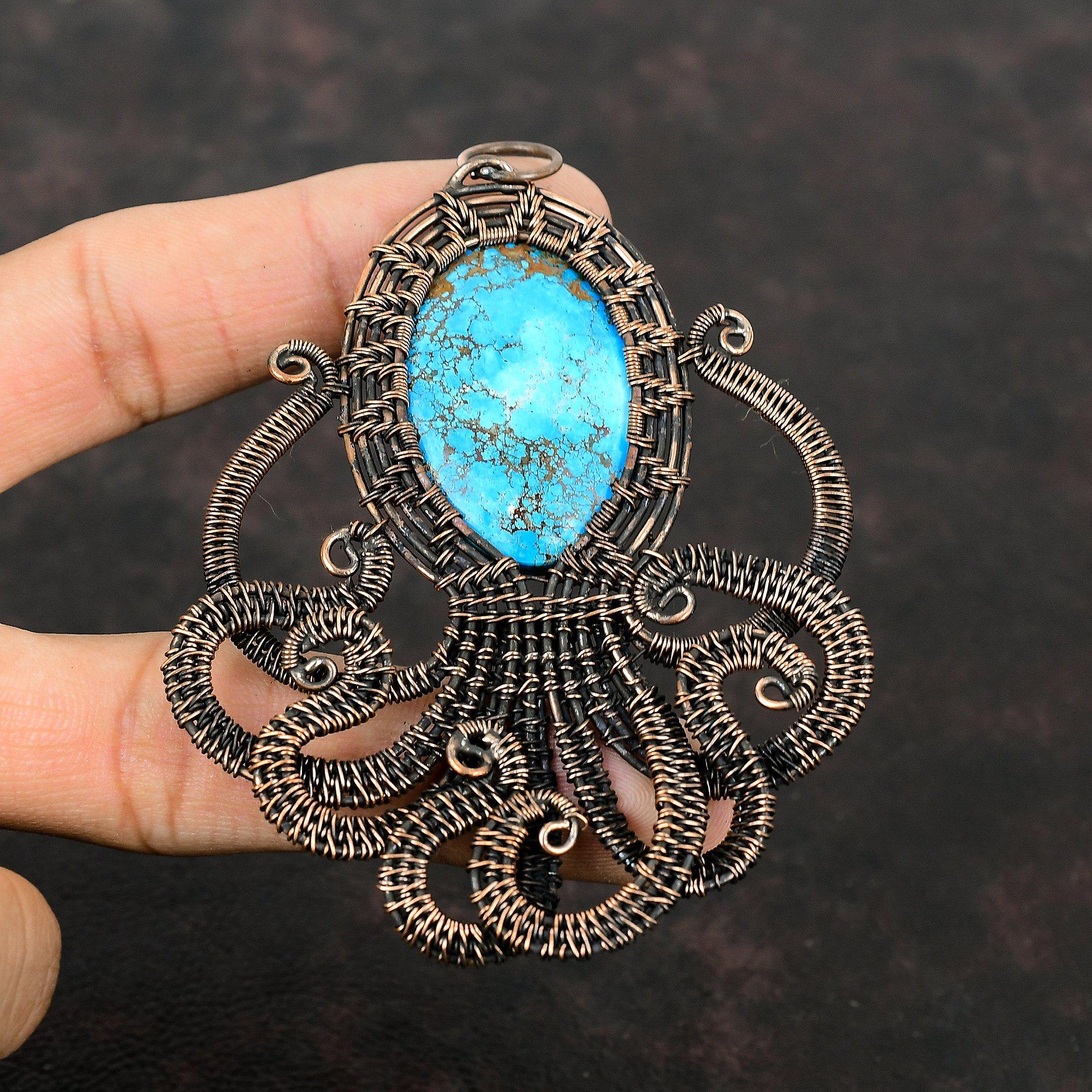 Tibetan Turquoise Pendant Copper Wire Wrapped Octopus Pendant Natural Gemstone Pendant Copper Designer Jewelry Handmade Pendant Gift For Her