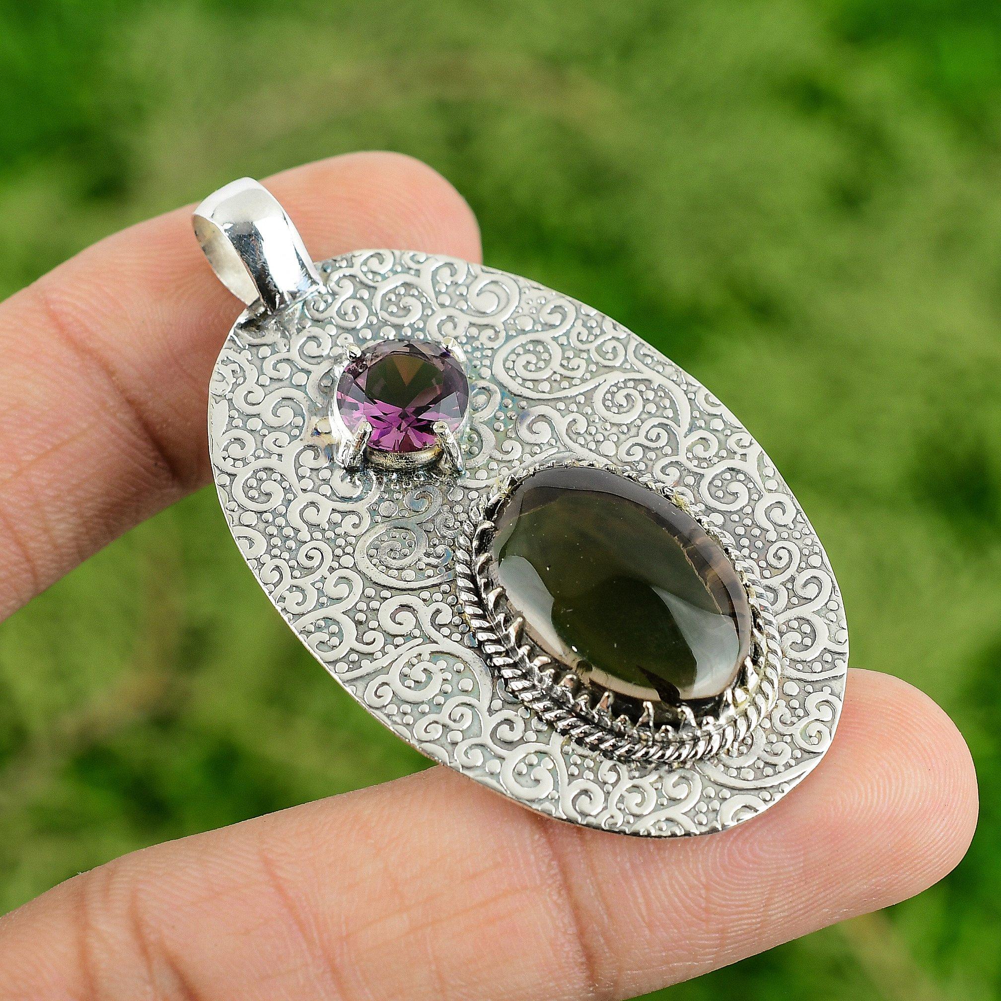 Smoky Quartz Gemstone African Amethyst 925 Silver Handmade Bezel Wedding Pendant