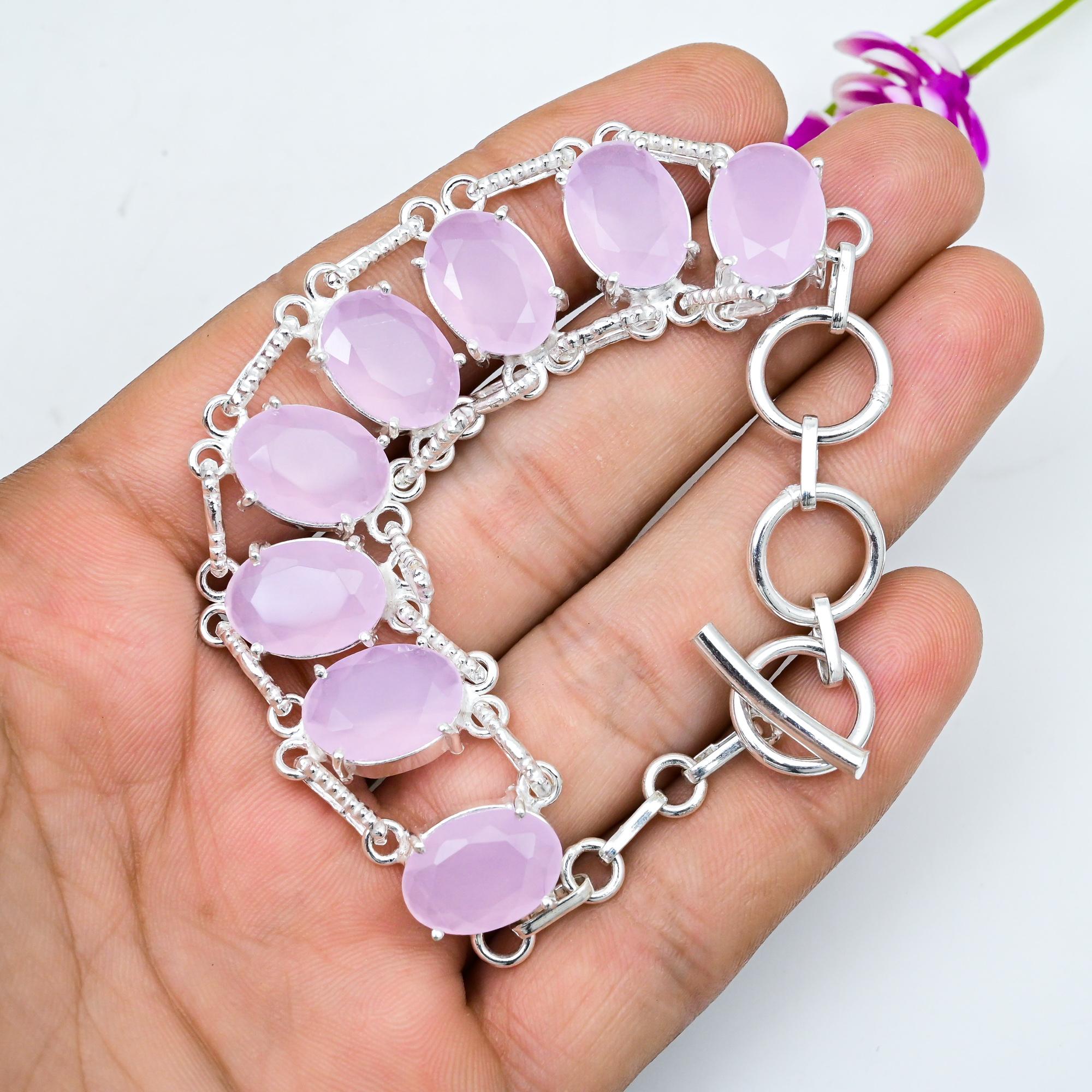 Pink Chalcedony Bracelet Gemstone Jewelry, 925 Solid Sterling Silver Handmade Bracelet, Latest Design Jewelry