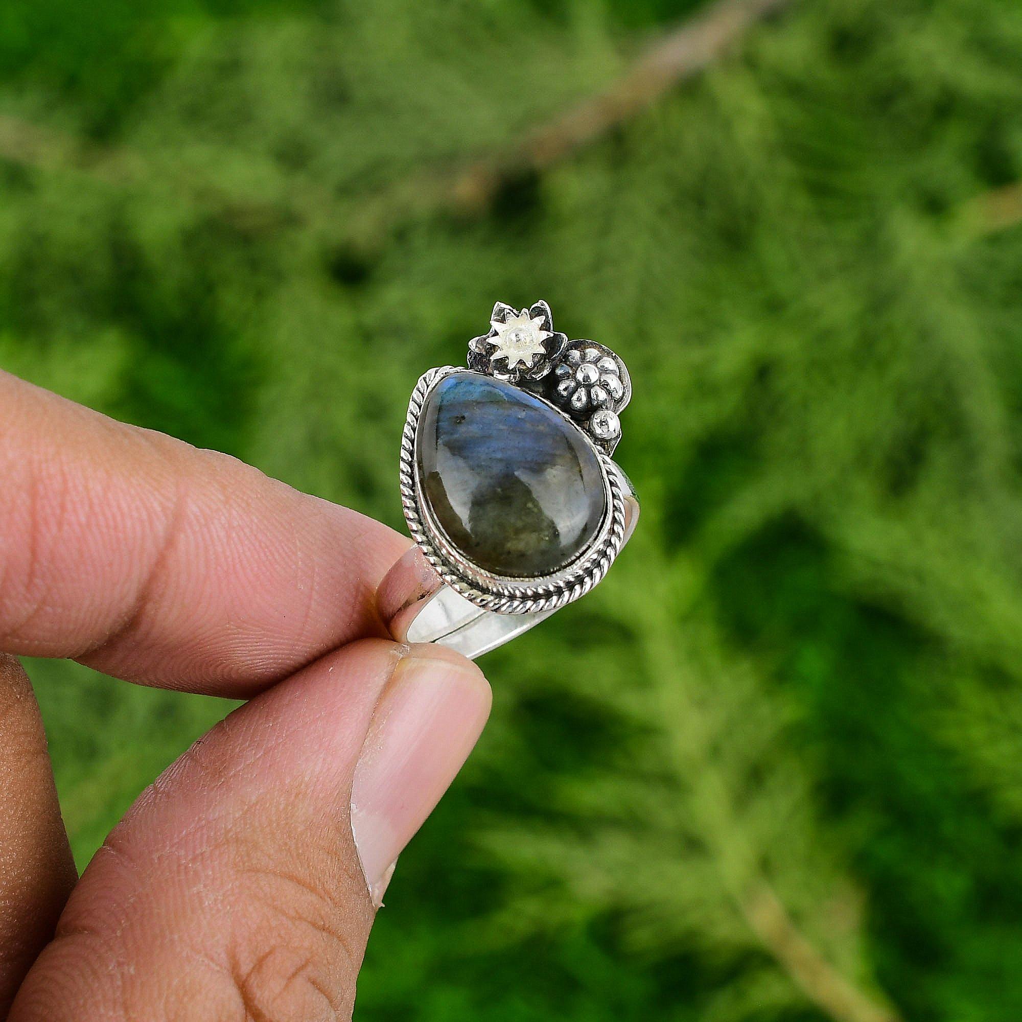 Natural Labradorite 925 Silver Statement Flower Adjustable Ring For Women