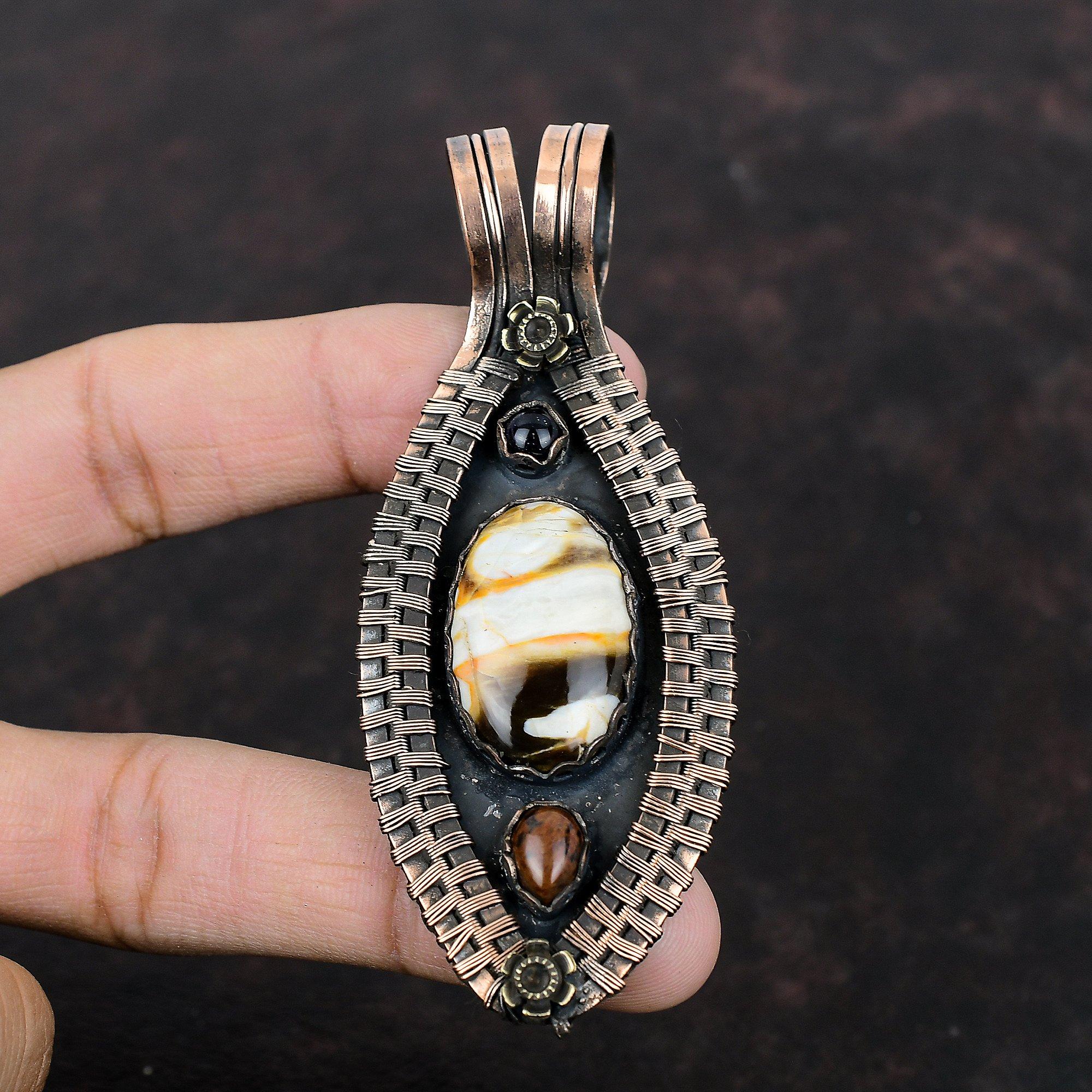 Peanut Wood Jasper Pendant Copper Wire Wrapped Gemstone Pendant Mahogany Obsidian And Blue Sunstone Pendant Handmade Copper Jewelry For Gift