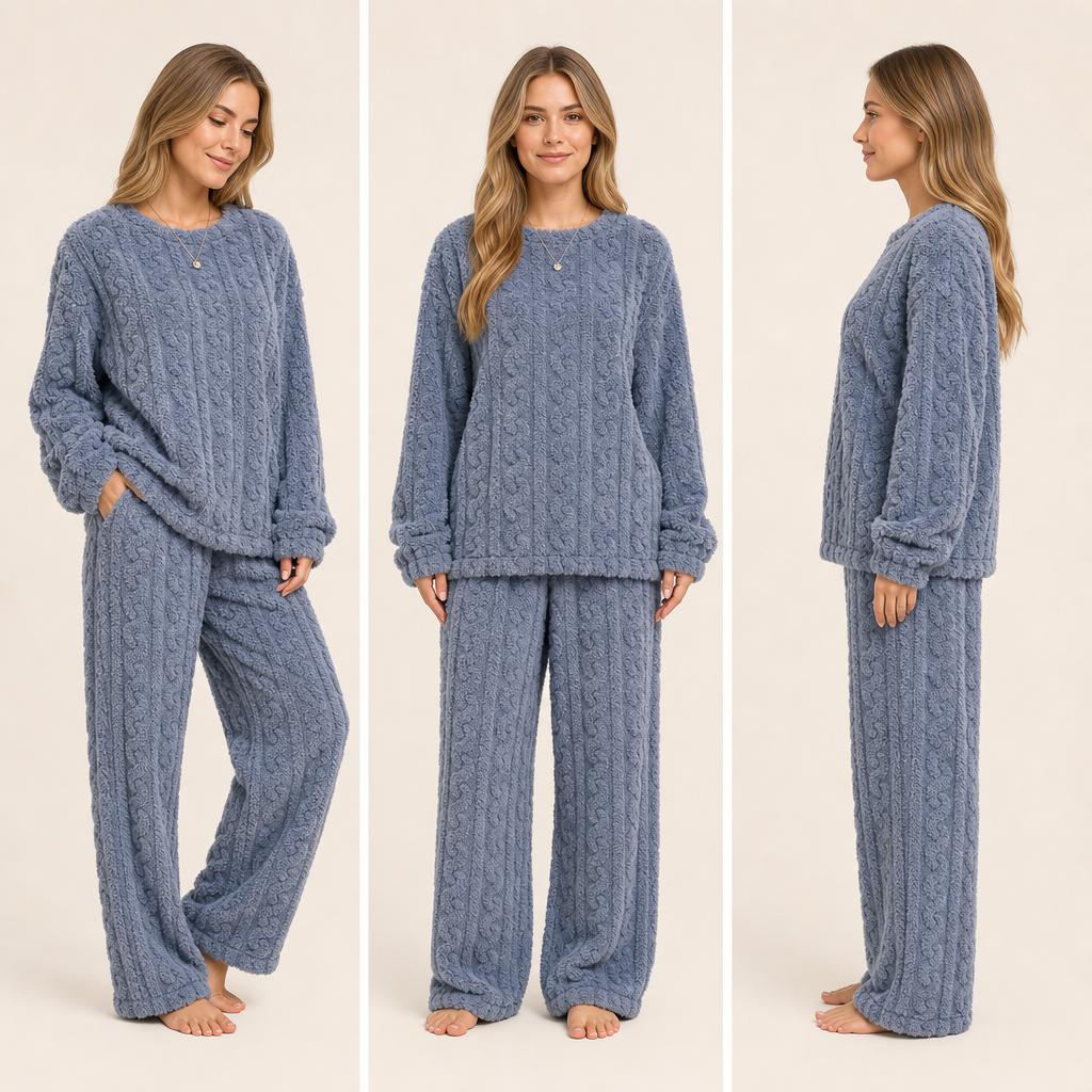 Coral Fleece Jacquard Pajamas Set Women Autumn Winter Fleece Thickened Warm Crew Neck Cable Knit Loungewear Wearable Outside
