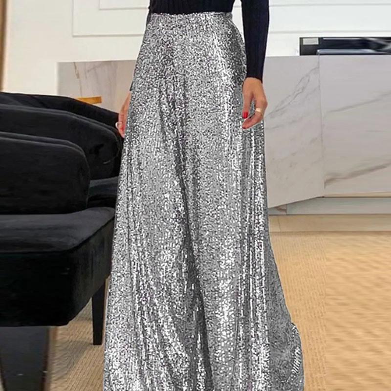 Sequined Loose Wide Leg Pants Women's Solid Color High Waisted Straight Leg Pants Fashionable Commuting