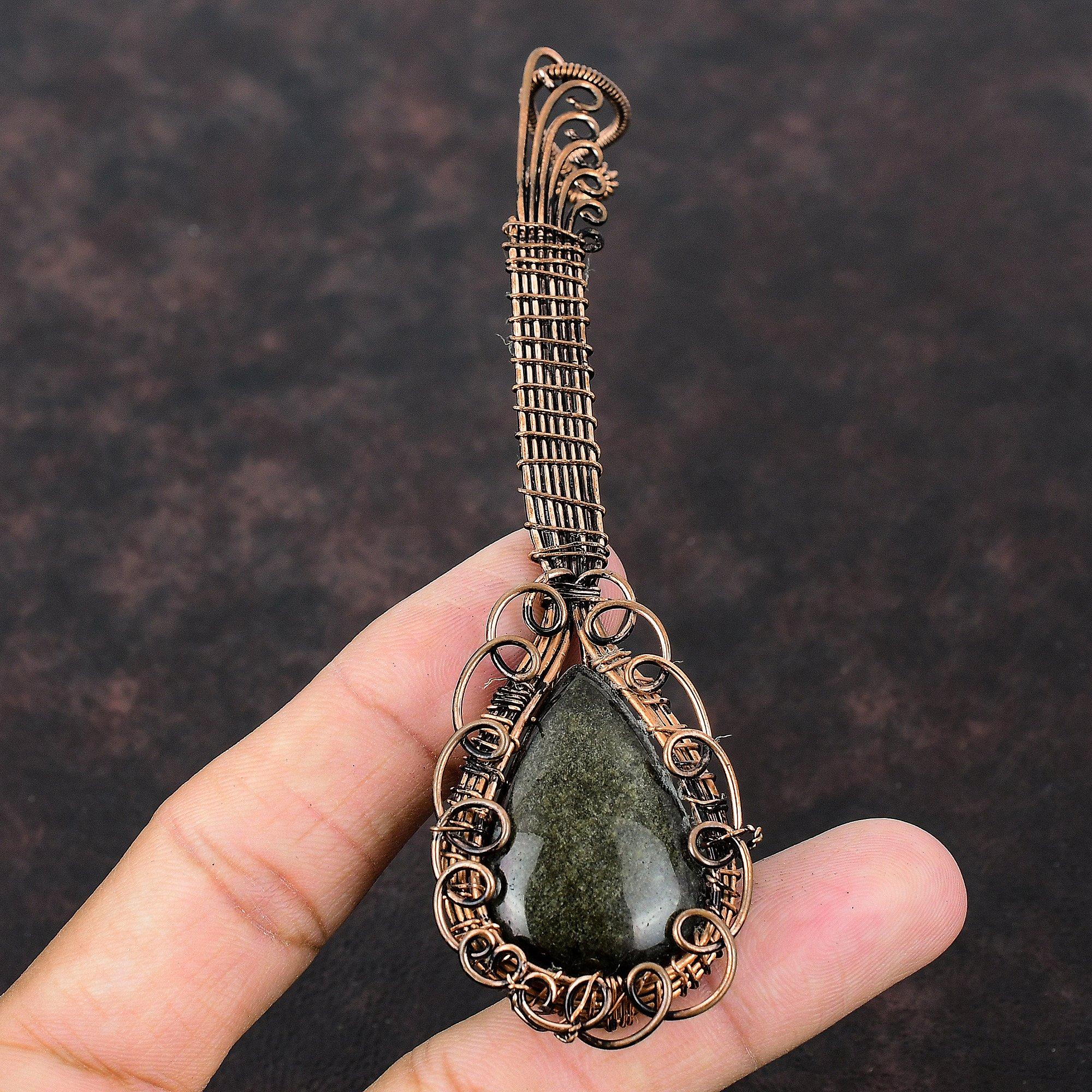 Silver Sheen Obsidian Pendant Copper Wire Wrapped Pendant Guitar Pendant Real Gemstone Copper Jewelry Handmade Wrapped Jewelry Gift For Her