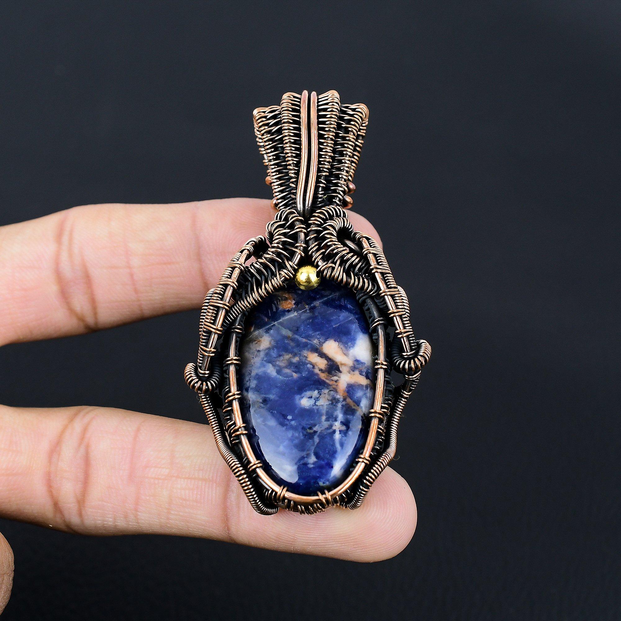 Sodalite Gemstone Handmade Pure Copper Wire Wrapped Pendant Jewelry For Women