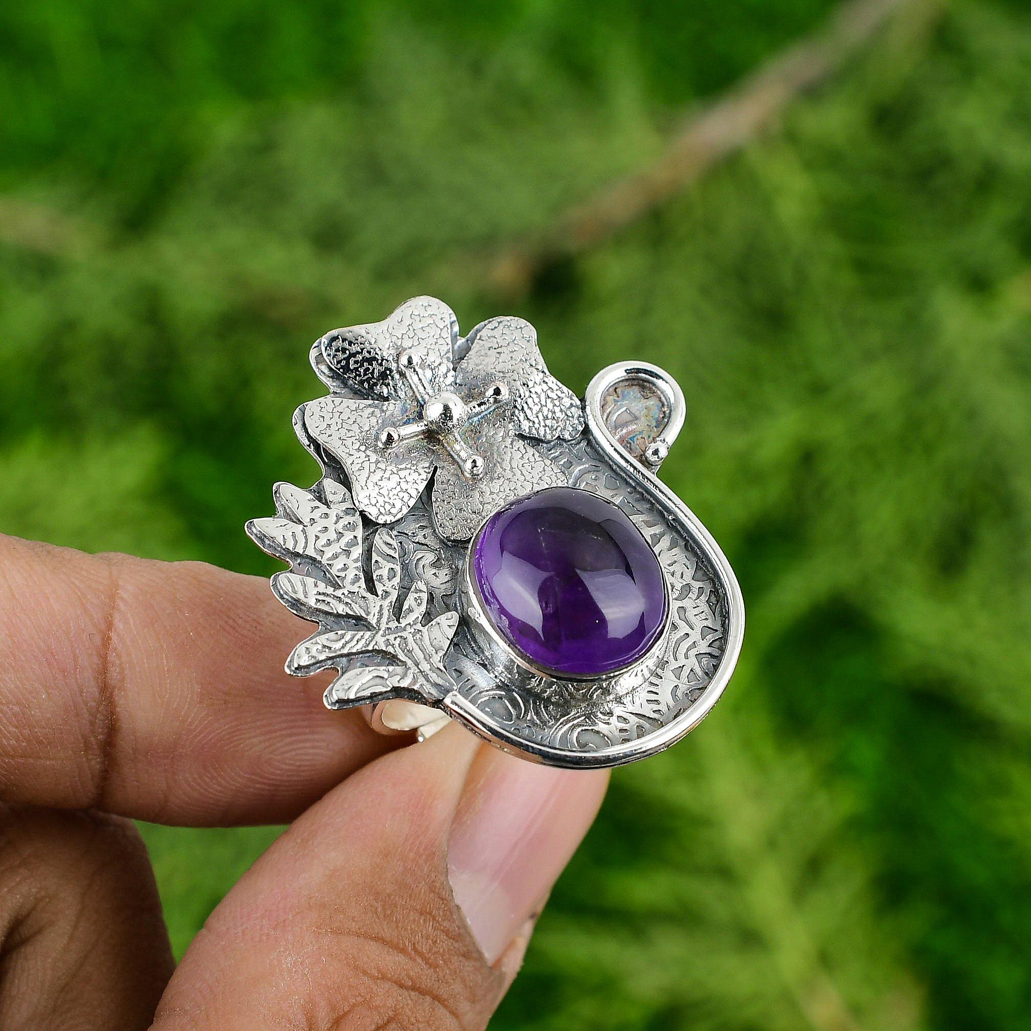 Natural African Amethyst Solitaire Flower Purple Adjustable Ring 925 Silver