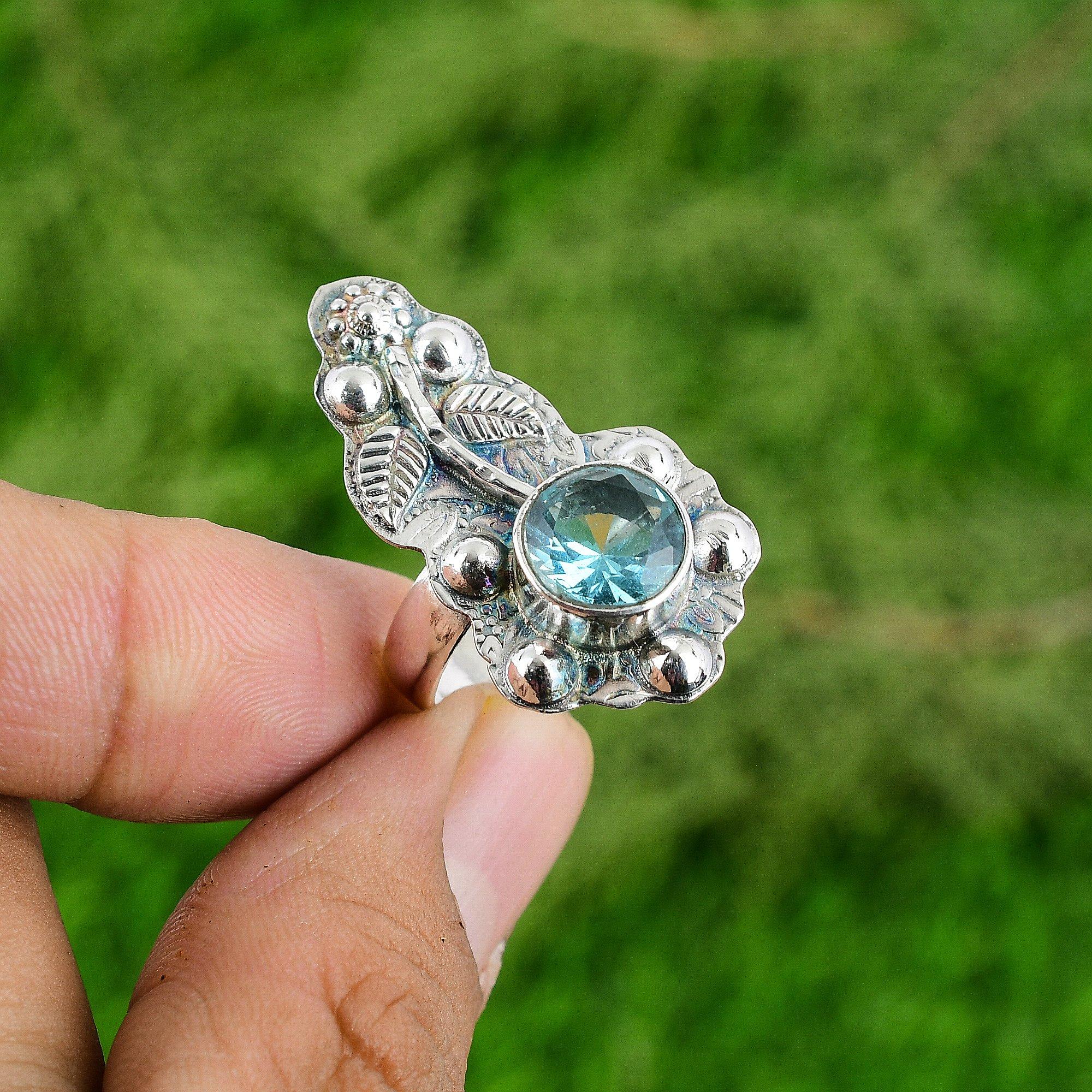 Natural Swiss Blue Topaz 925 Silver Promise Flower Adjustable Ring For Women