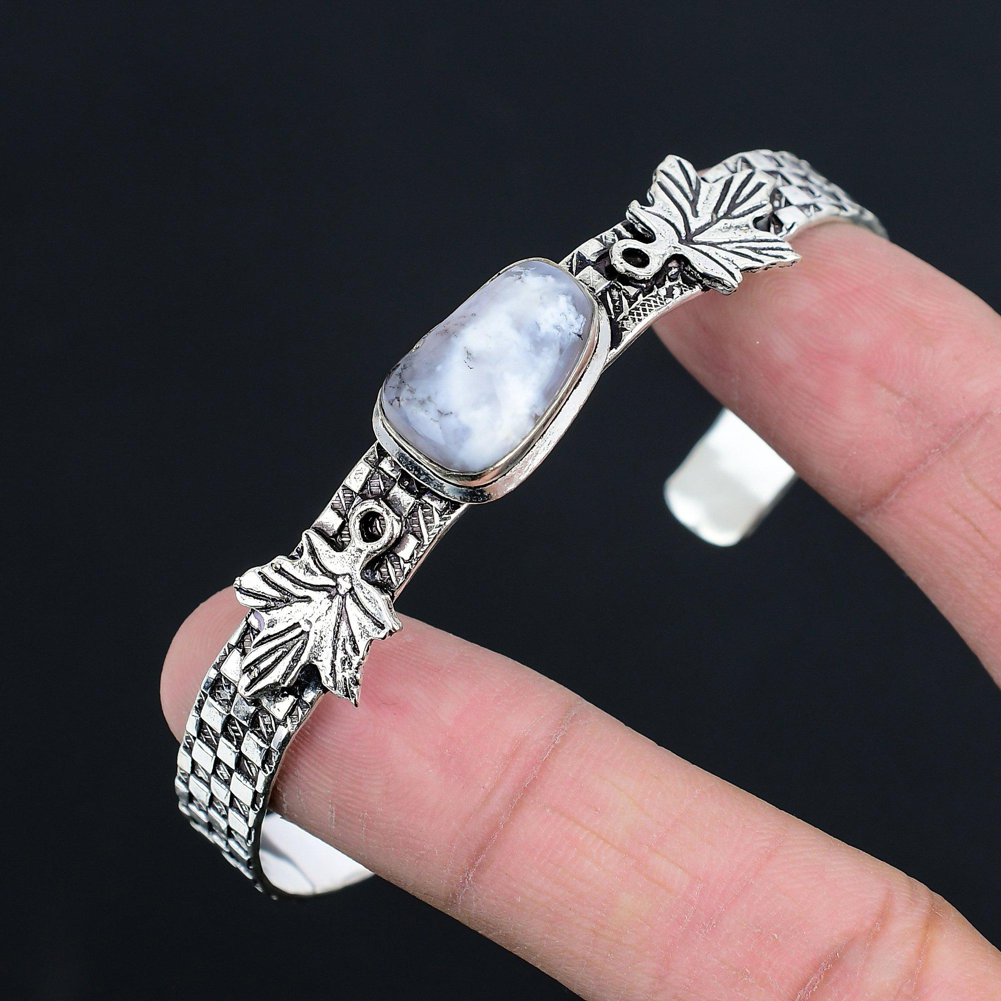 Friendship Day Deal Radiant Dendrite Opal Stone Leaf Bangle Jewelry 925 Silver
