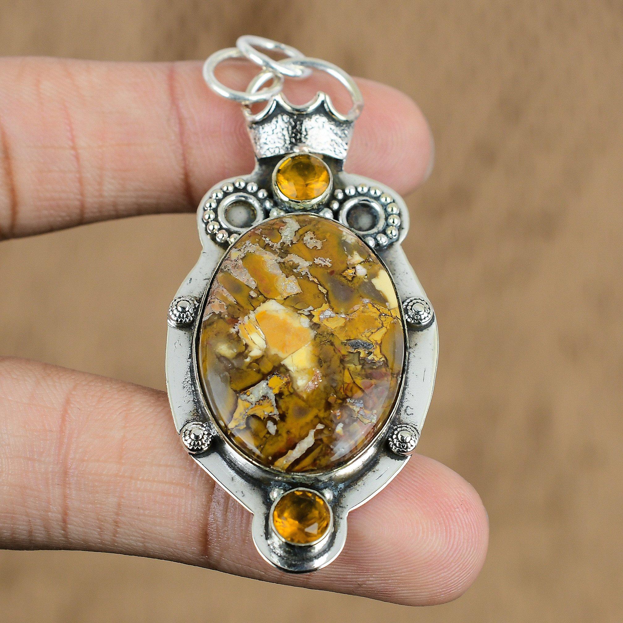 Oval Natural Brecciated Mookaite Citrine 925 Sterling Silver Engagement Pendant