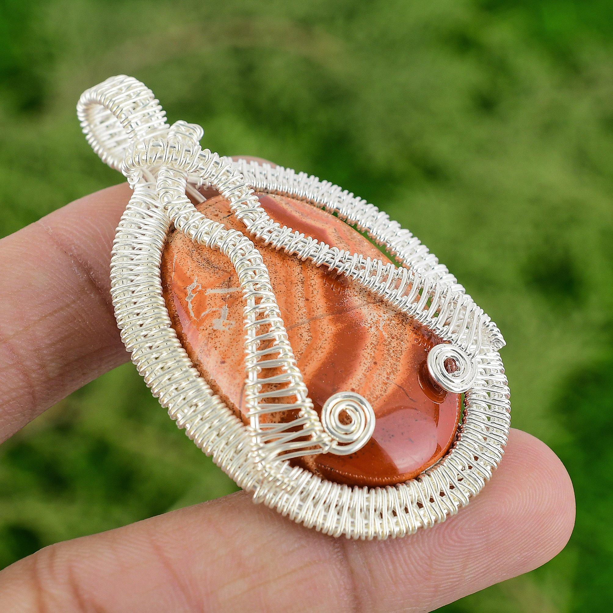 Oval Natural Red Snakeskin Jasper Wire Wrapping Unique New Pendant 925 Silver