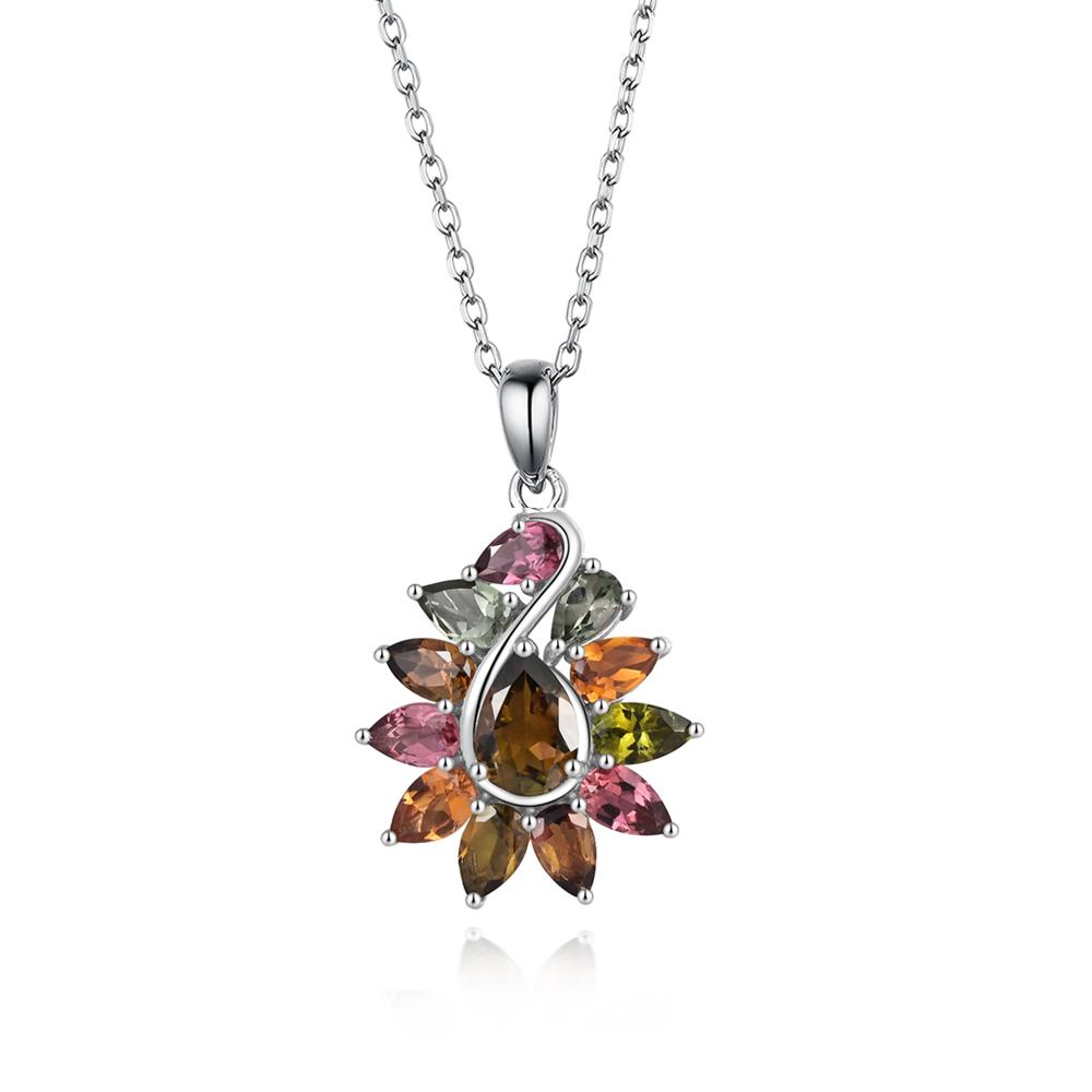 925 Sterling Silver Gorgeous Design Colorful Natural Tourmaline Pendant Necklace for Women Girls Fine Jewelry Nice Gift