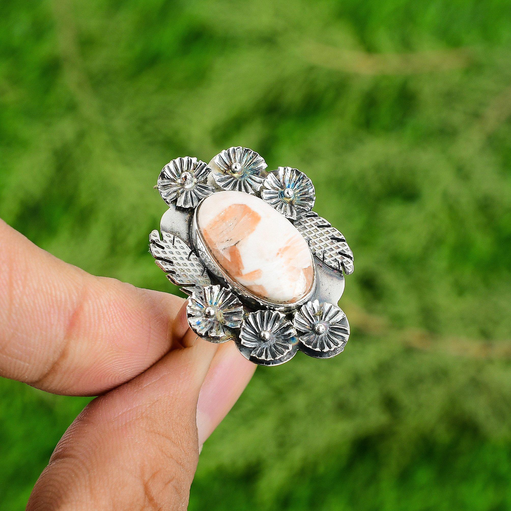 Gift For Her 925 Silver Natural Scolecite Solitaire Flower Adjustable Ring