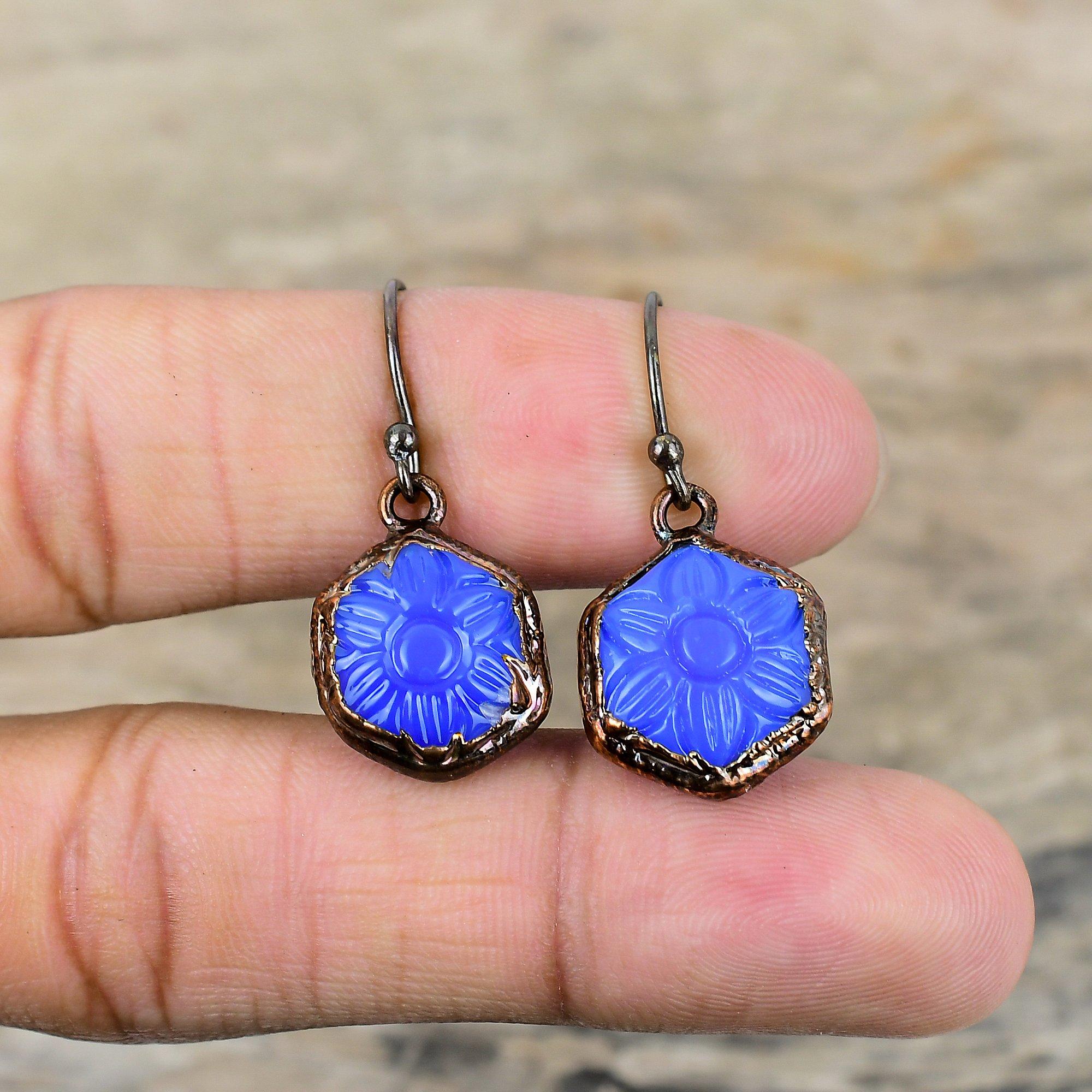 Carved Blue Onyx Earring Electroformed Copper Earrings Handmade Jewelry Genuine Gemstone Earring Electroformed Copper Jewelry Gift For Women