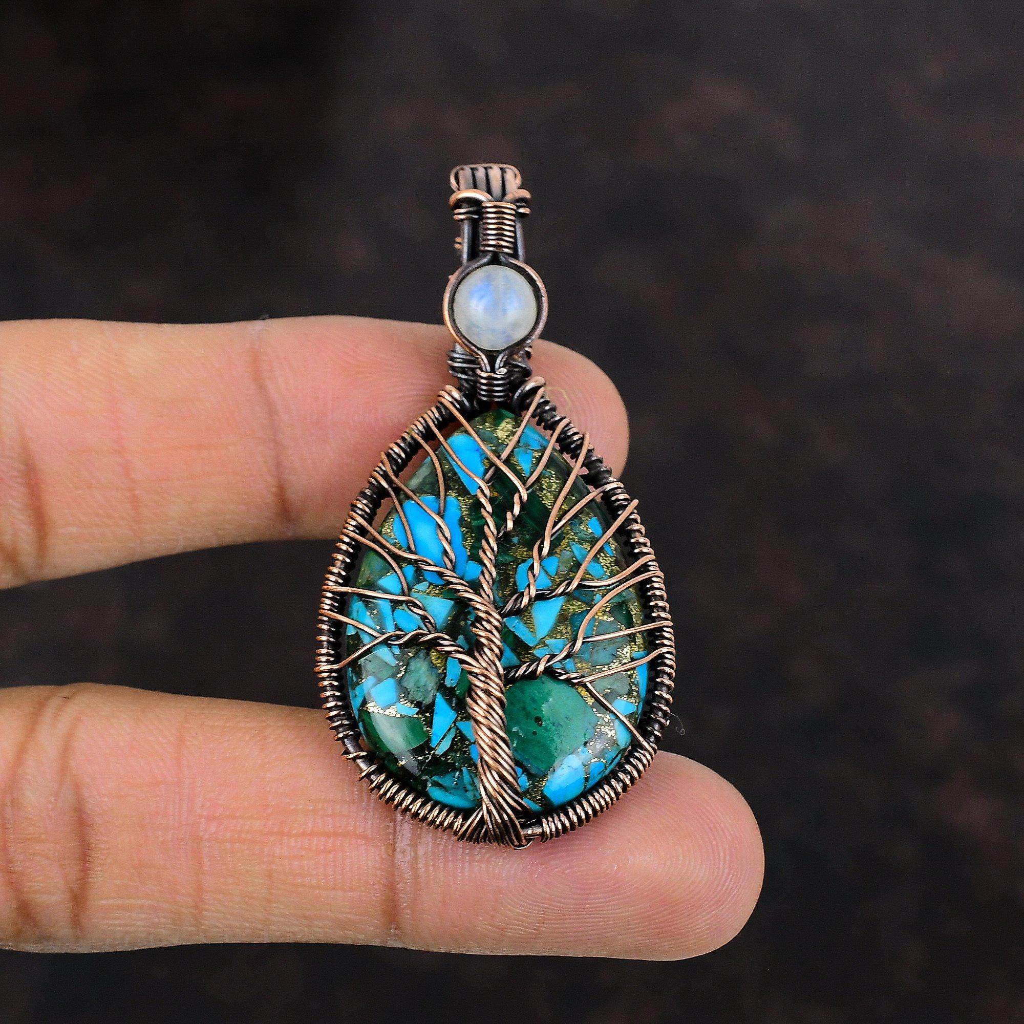 Tree Of Life Copper Malachite Turquoise Pendant Copper Wire Wrapped Jewelry Moonstone Gemstone Jewelry Handmade Copper Pendant Gift For Him