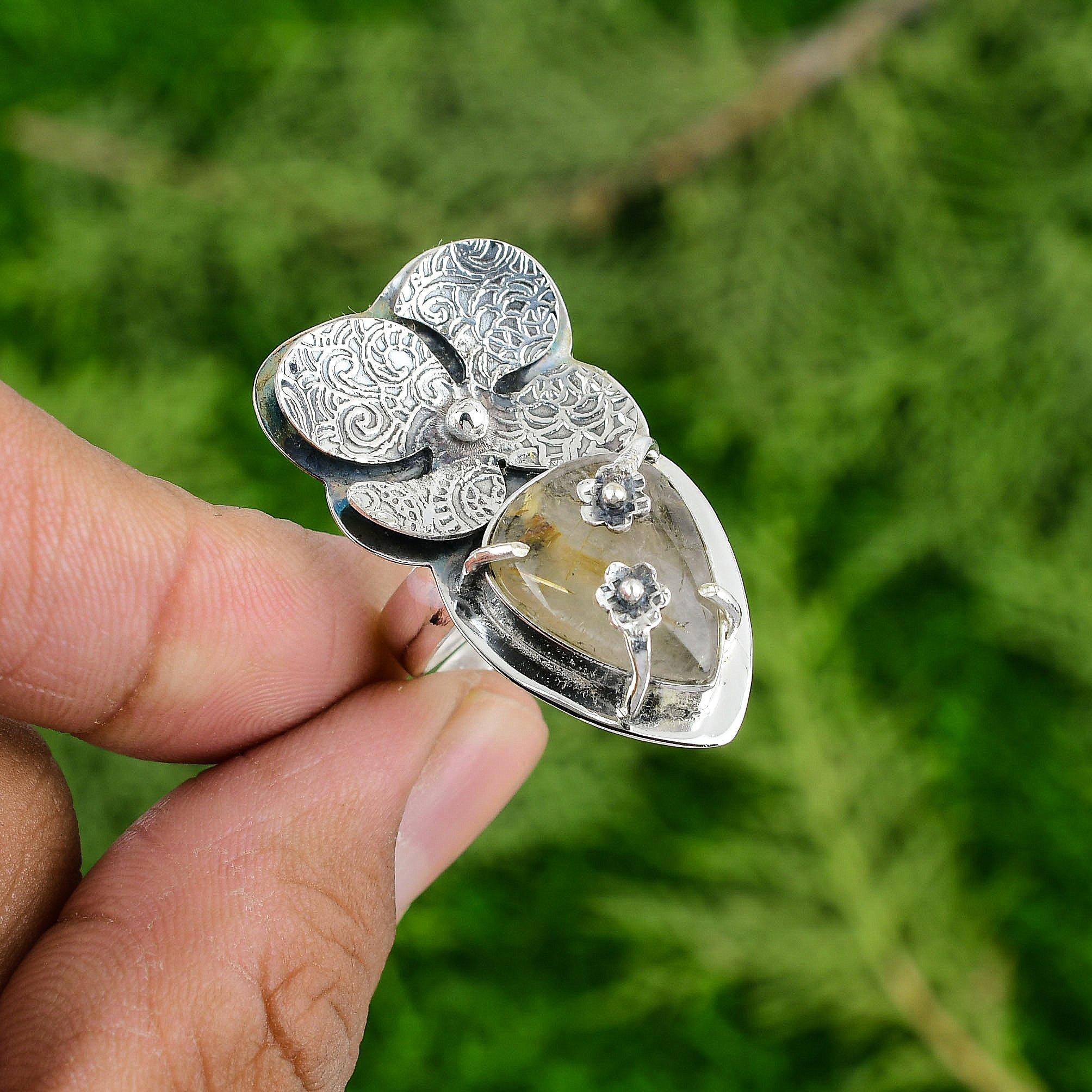 Mothers day Deal 925 Silver Golden Rutile Stone Solitaire Daughter Flower Ring
