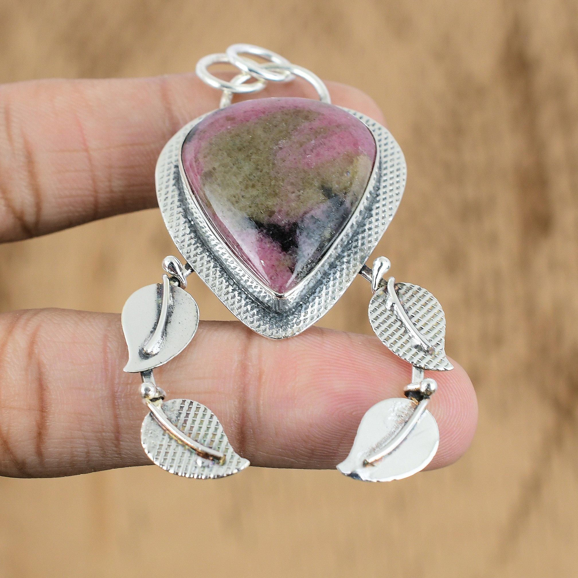 Birthday Gift For Her Natural Rhodonite Gemstone Pendant 925 Sterling Silver