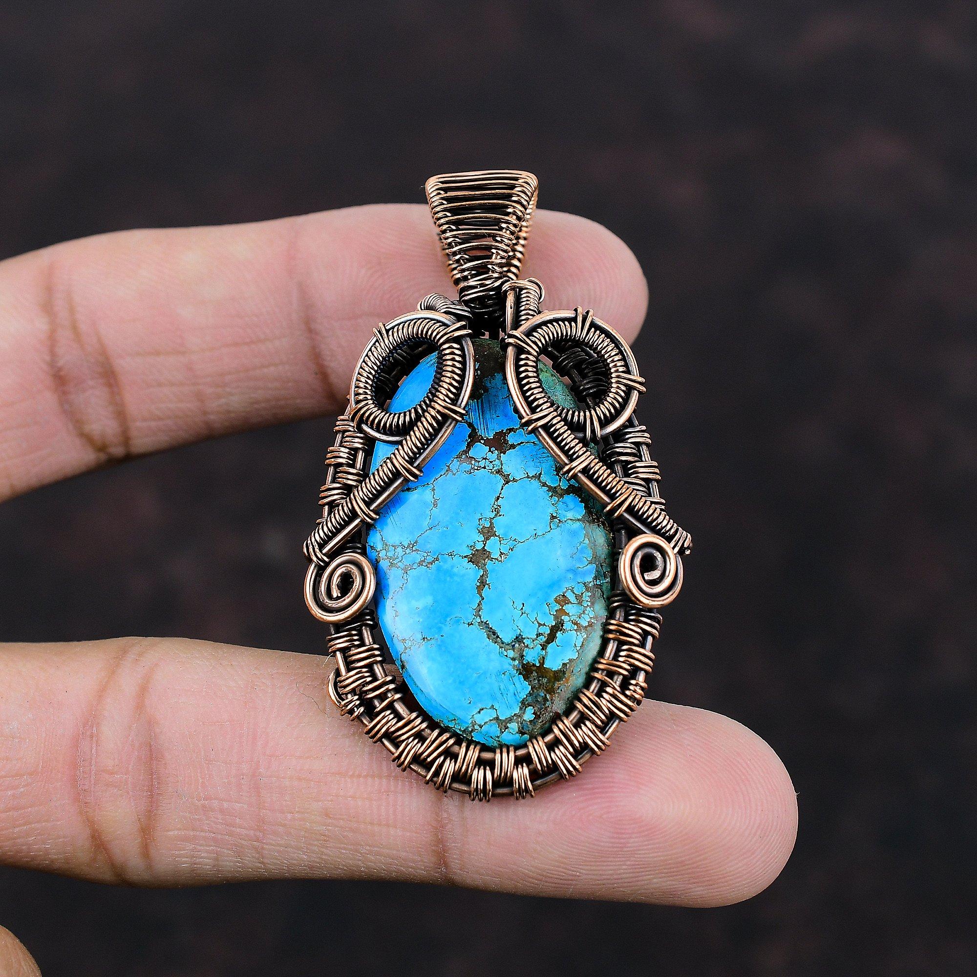 Tibetan Turquoise Pendant Copper Wire Wrapped Pendant Handmade Pendant Tibetan Turquoise Jewelry Gemstone Pendant Copper Jewelry For Gift