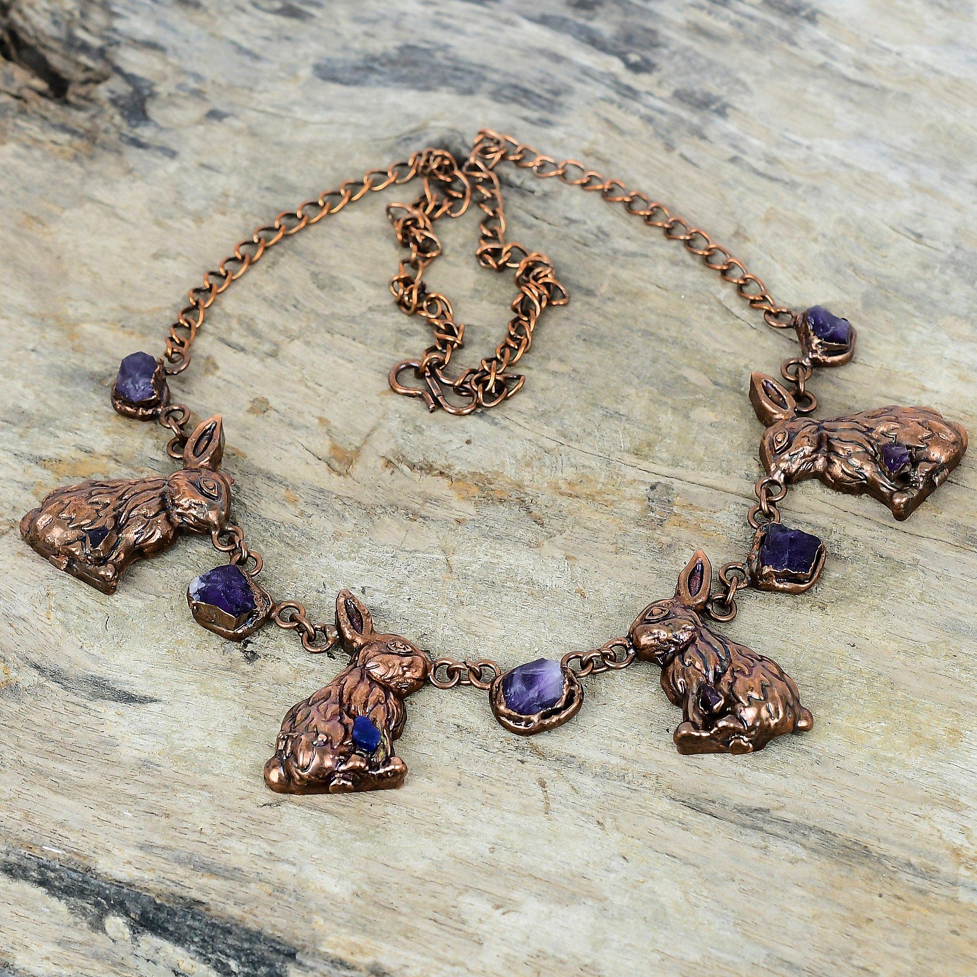 African amethyst rough gemstone necklace electroformed copper adjustable chain necklace rabbit necklace handmade copper jewelry gift for her