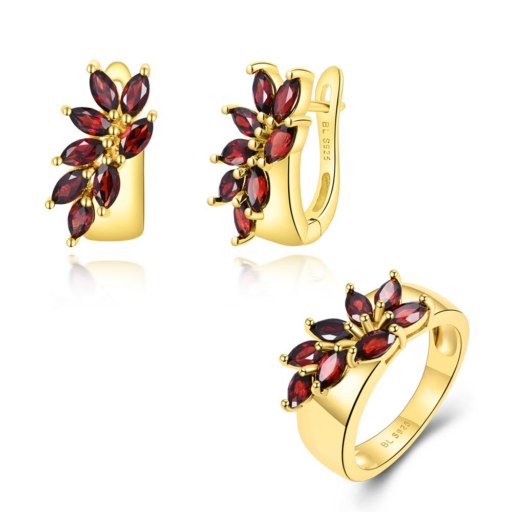 Nya mönster Smyckesset med naturlig röd granat ädelstensring örhänge 925 sterling silver 18k guldplätering fina smycken för kvinnor