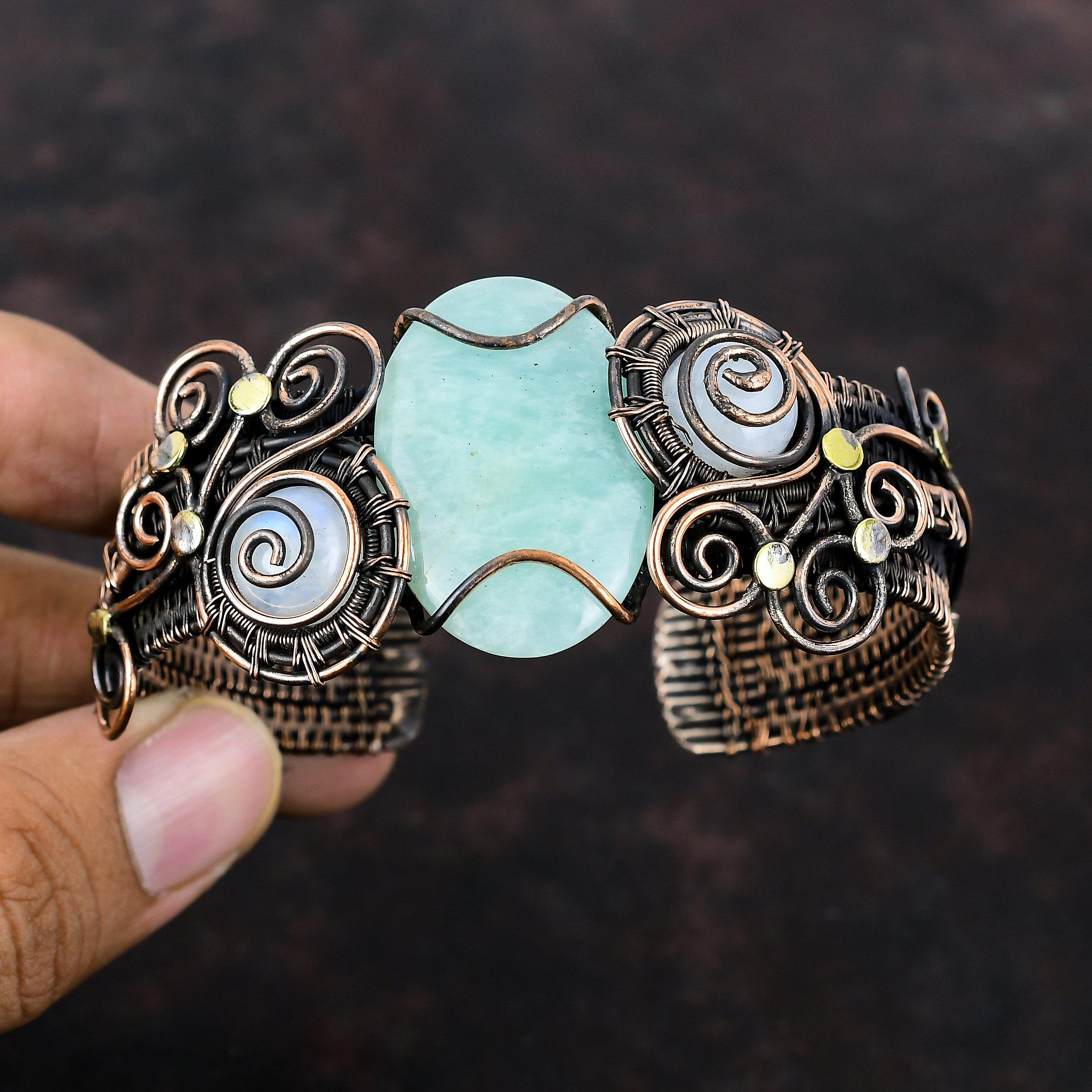 Amazonit Edelstein Manschettenarmband Kupferdraht gewickelt Manschette Regenbogen Mondstein Armreif verstellbar Manschettenarmband handgemachter Schmuck Geschenk für Frauen