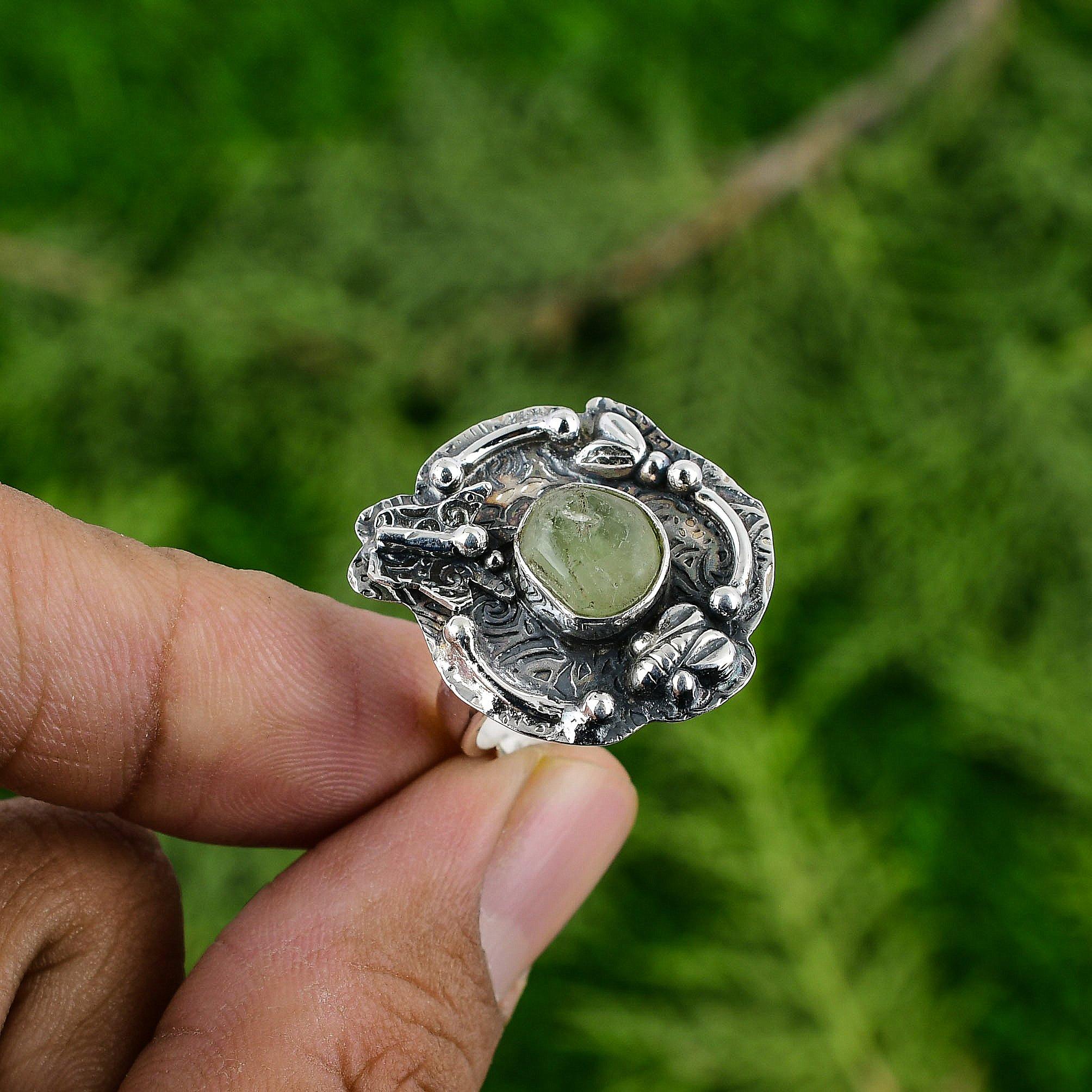 Gift For Her Natural Prehnite Rough Statement Adjustable Ring 925 Silver
