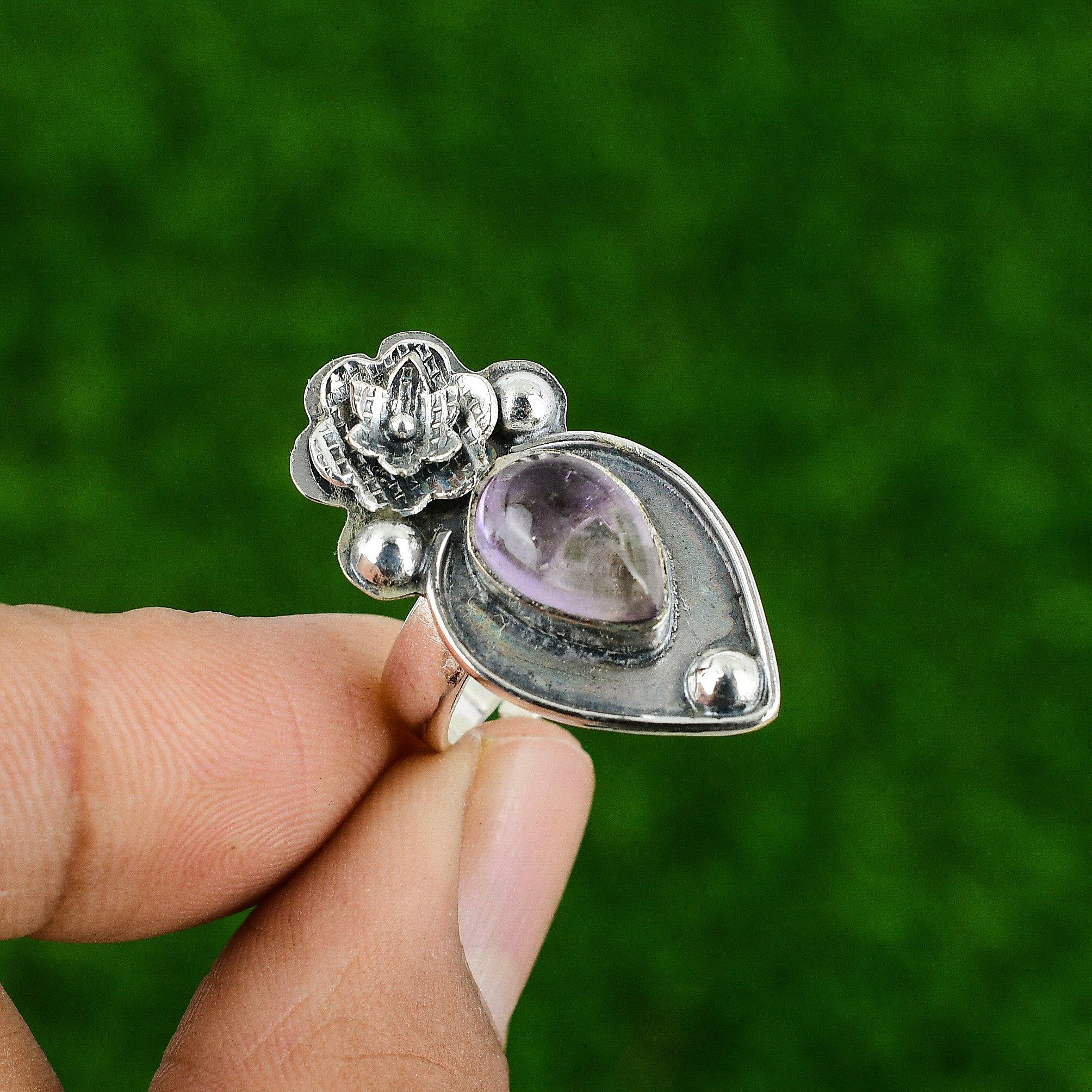 Natural African Amethyst 925 Silver Promise Flower Adjustable Ring For Girls