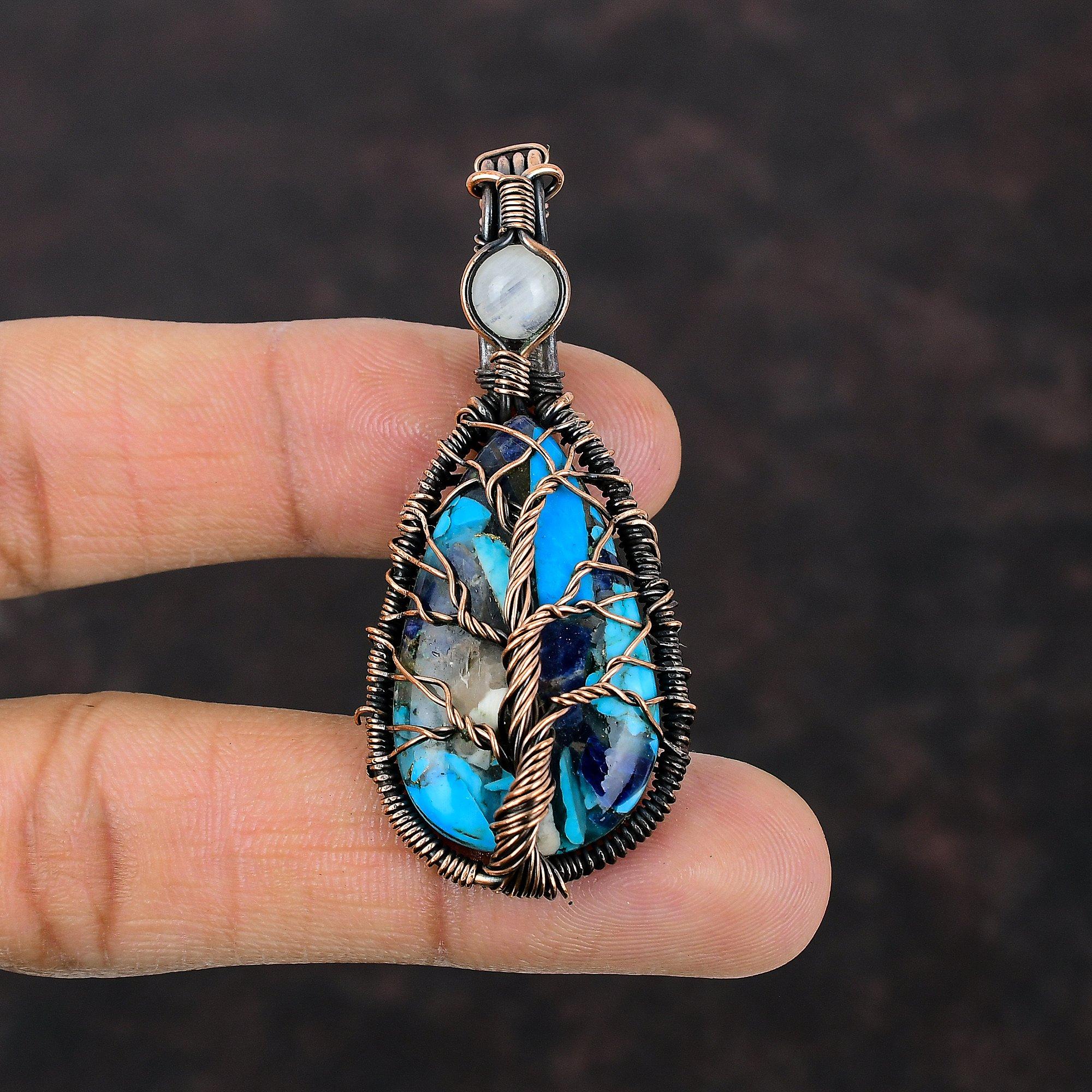Tree Of Life Copper Blue Turquoise Pendant Copper Wire Wrapped Moonstone Pendant Handmade Women Jewelry Gemstone Copper Jewelry Gift For Her