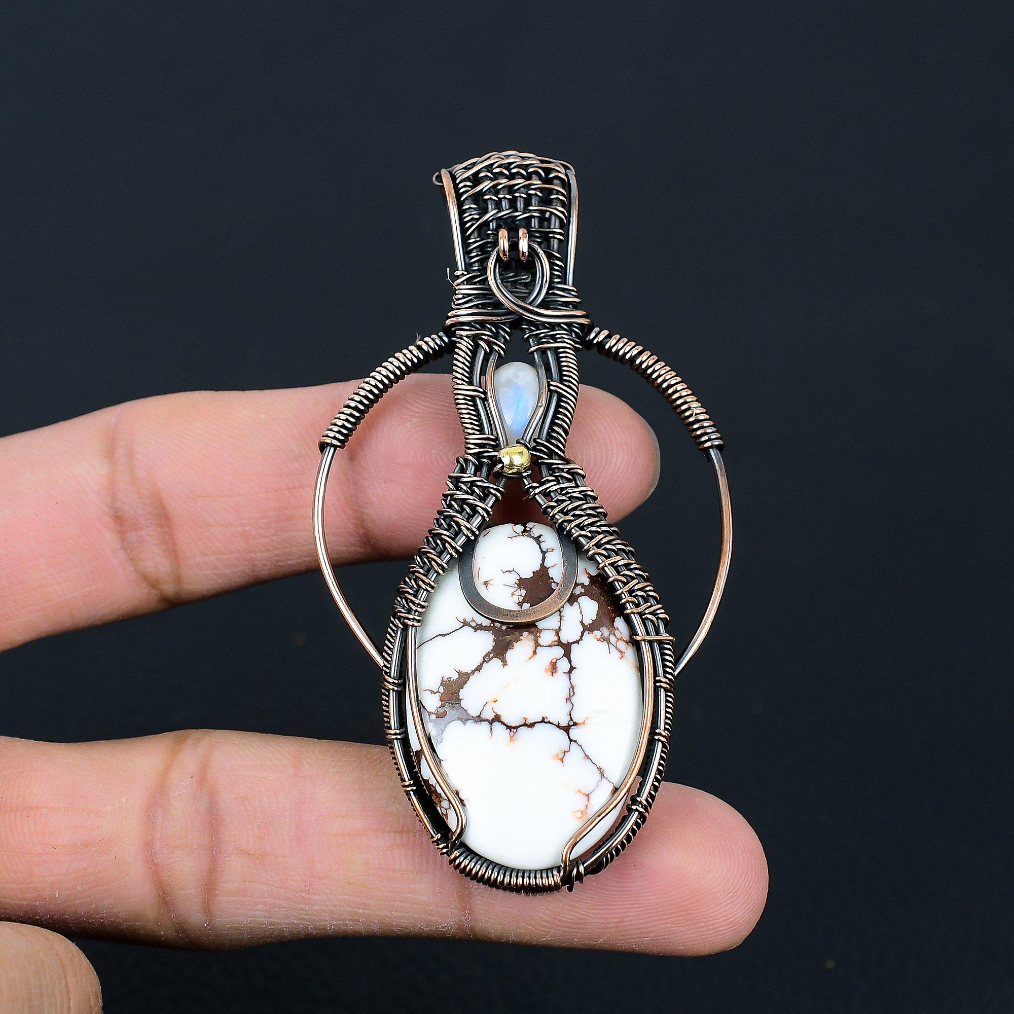 Wild Horse & Moonstone Gemstone Handmade Pure Copper Wire Wrap Jewelry Pendant For Love