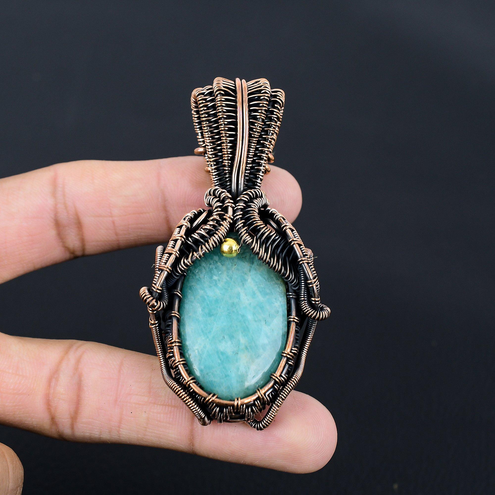 Amazonite Gemstone Handmade Pure Copper Wire Wrapped Pendant Jewelry For Women