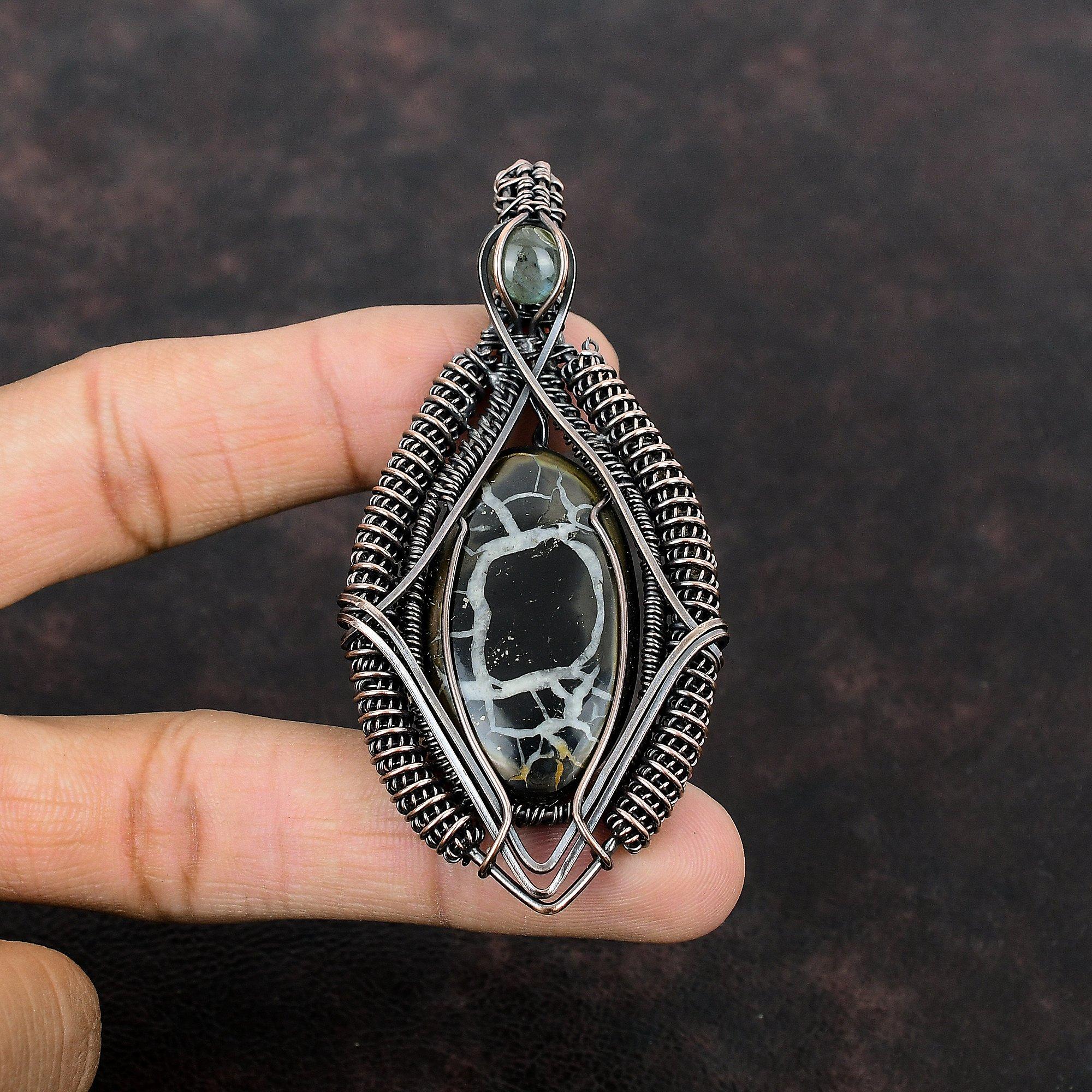 Moroccan Mud Crack Fossil Pendant Copper Wire Wrapped Pendant Handmade Pendant Copper Jewelry Labradorite Pendant Gemstone Jewelry For Gift