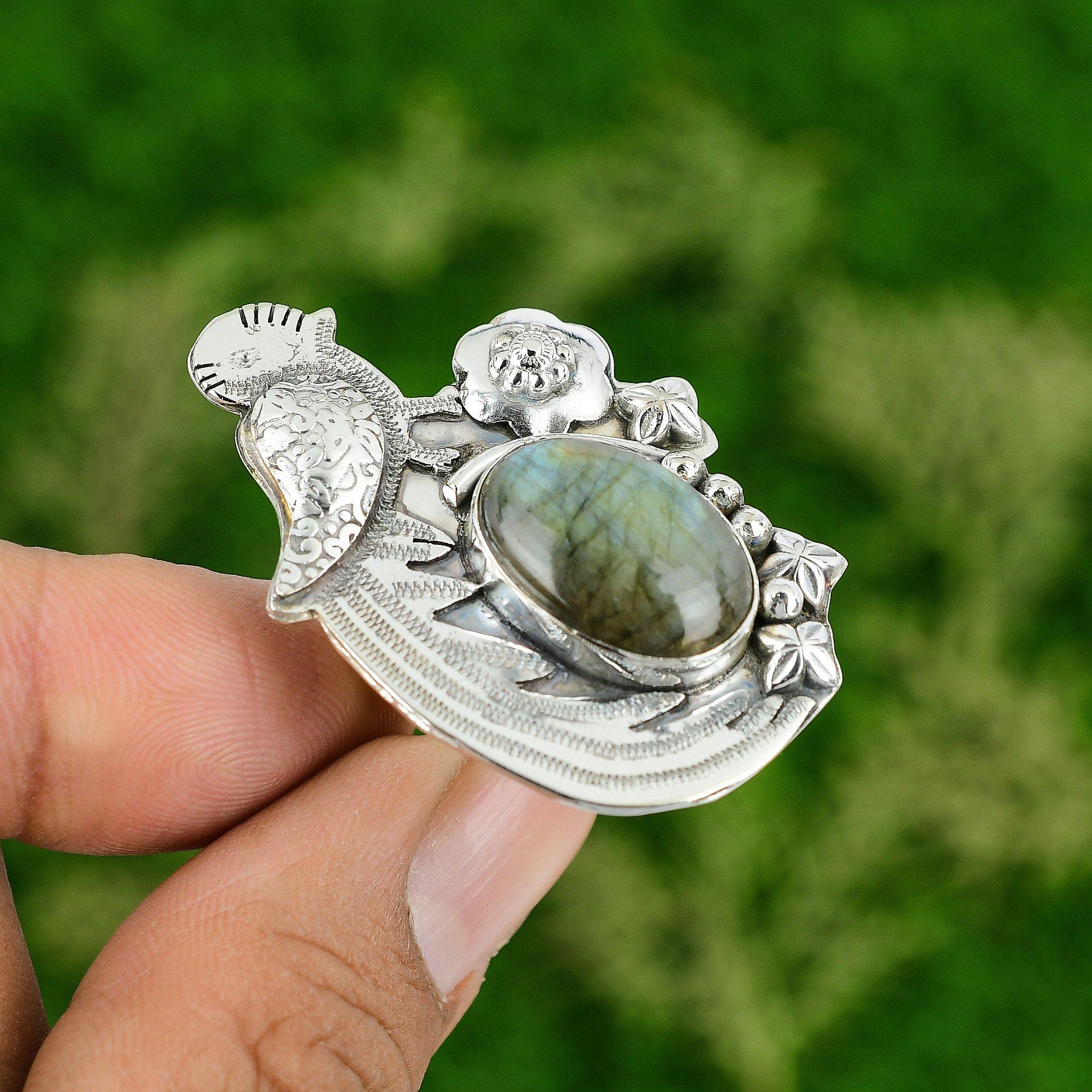 Natural Labradorite Gemstone Promise Bird Adjustable Ring 925 Sterling Silver
