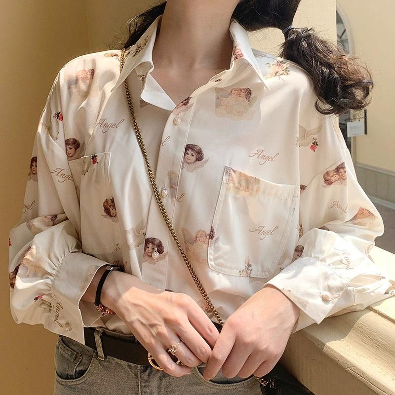Dámská košile s potiskem anděla Vintage elegantní halenka 90. let