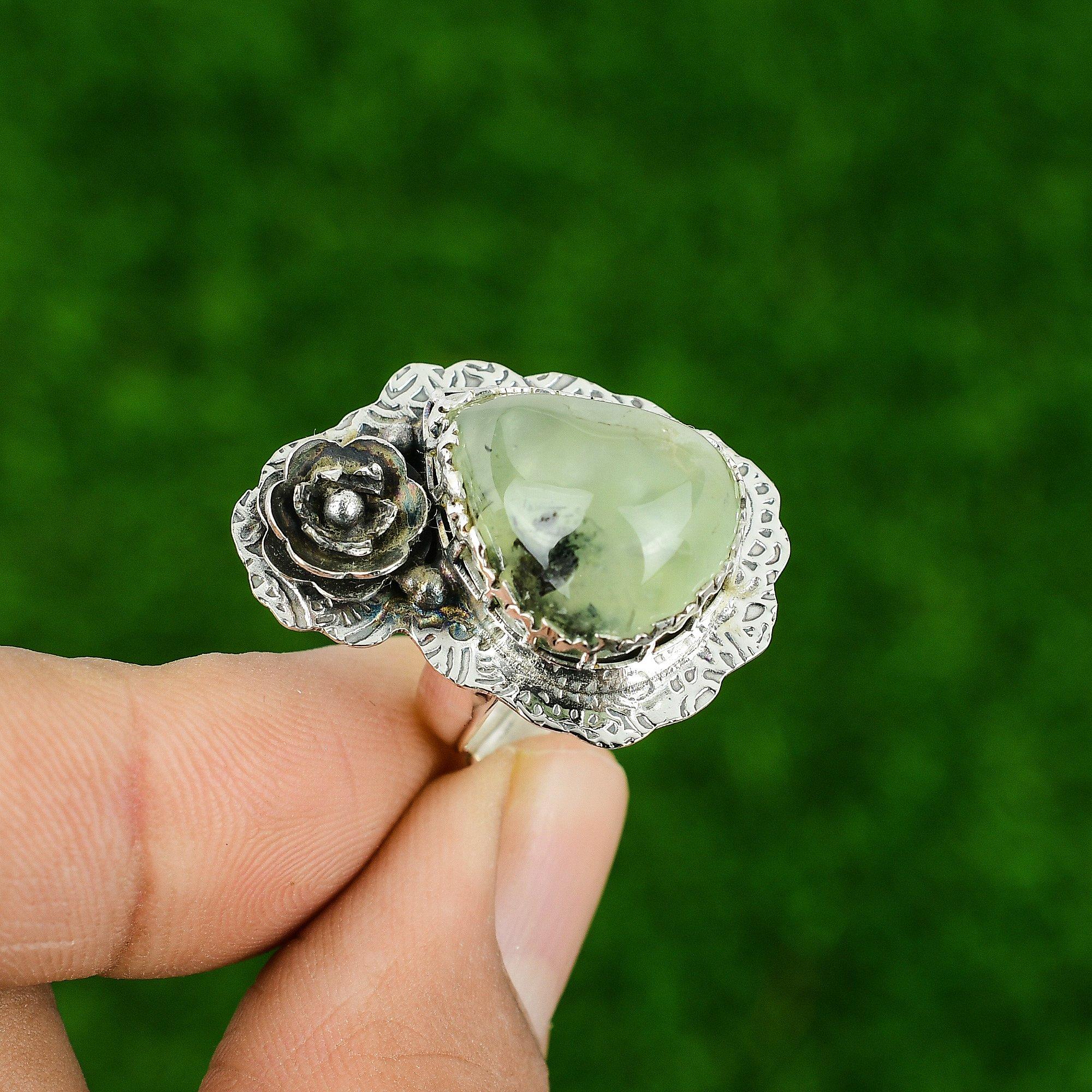 Natural Moss Prehnite Promise Birthday Flower Ring Jewelry 925 Sterling Silver