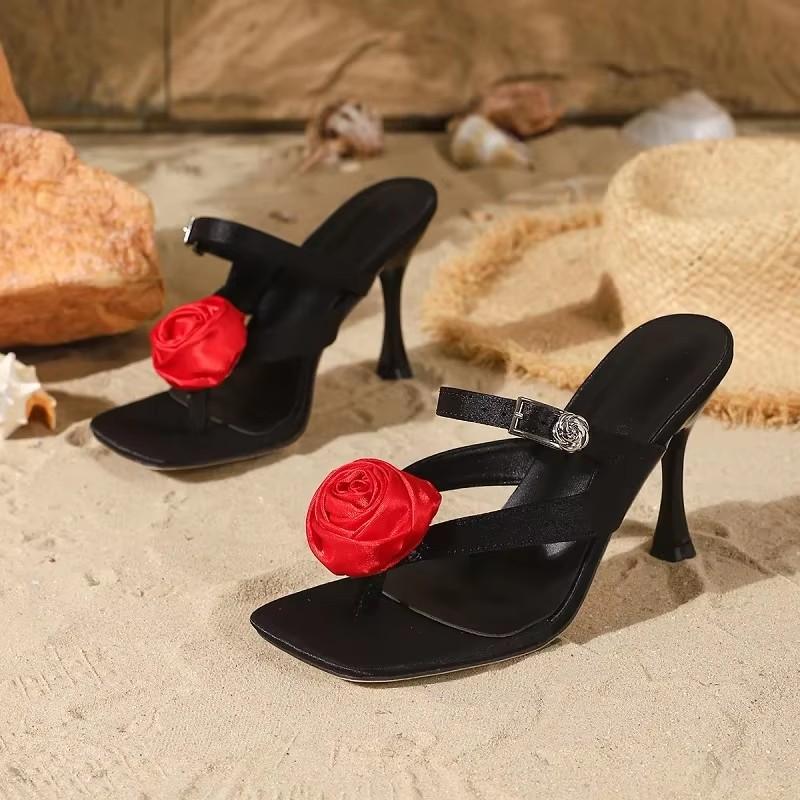 Eilyken Street Style Fashion Satin Clip Square Toe Flower Buckle Strap Woman Slippers Summer Thin High Heels Ladies Slides Shoes