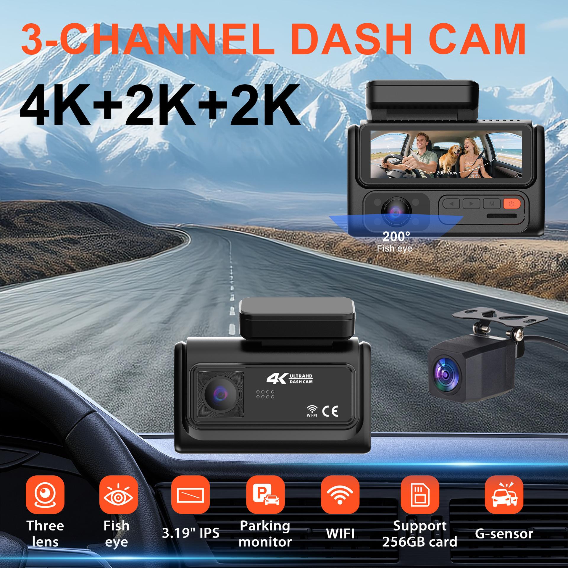 4K 2/3-Lens Dash Cam, WiFi, Night Vision, Phone Sync, 24-Hour Parking Monitor