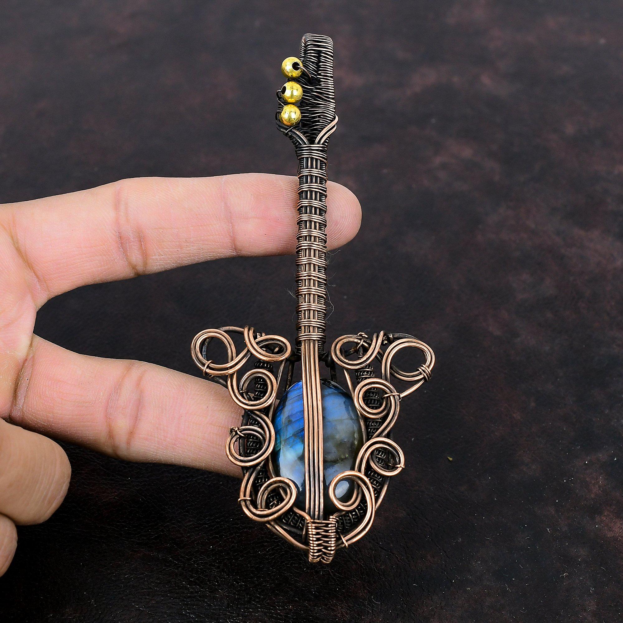 Pandantiv Labradorit Pandantiv Înfășurat în Sârmă de Cupru Pandantiv Făcut Manual Bijuterii Minunate cu Piatră Prețioasă Pandantiv Chitară Bijuterii din Sârmă de Cupru Cadou de Logodnă