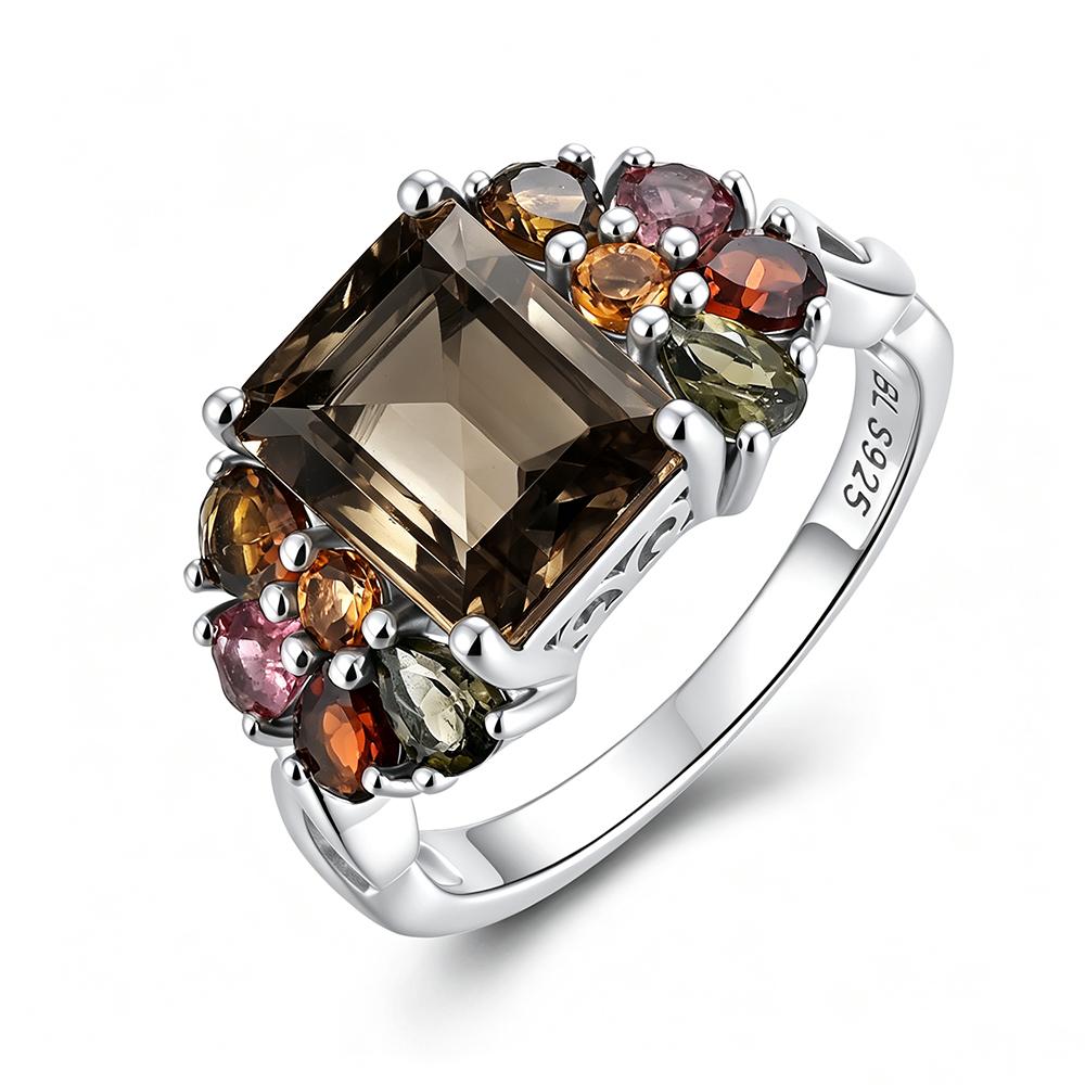 Natürlicher Rauchquarz, Turmal 925 Silberring für Damen, Eleganter Luxus Edelsteinschmuck, Jubiläumsbankett, Hochzeitsgeschenk