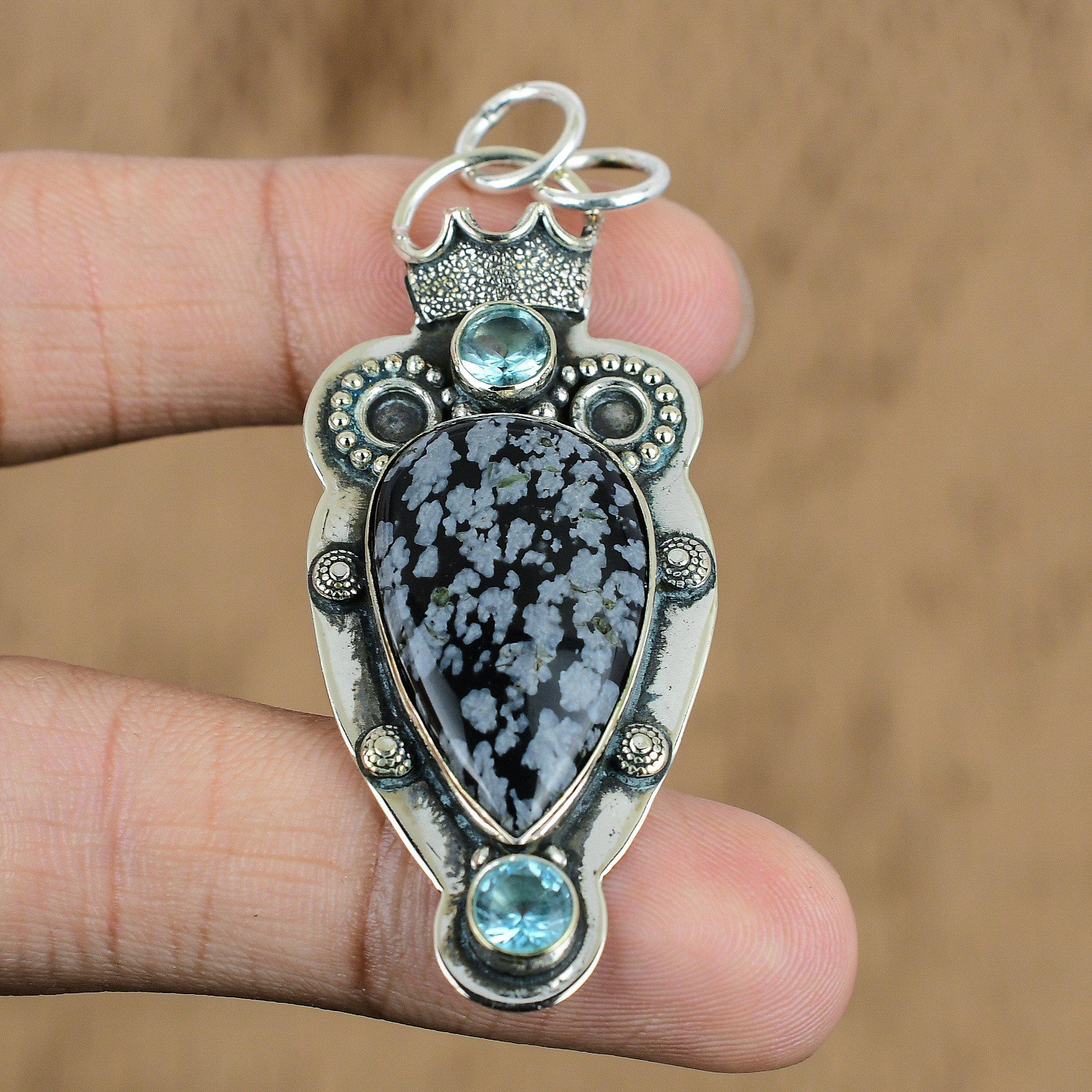 Natürlicher Schneeflocken-Obsidian Schweizer Blautopas 925 Silber Art Deco Anhänger Schmuck