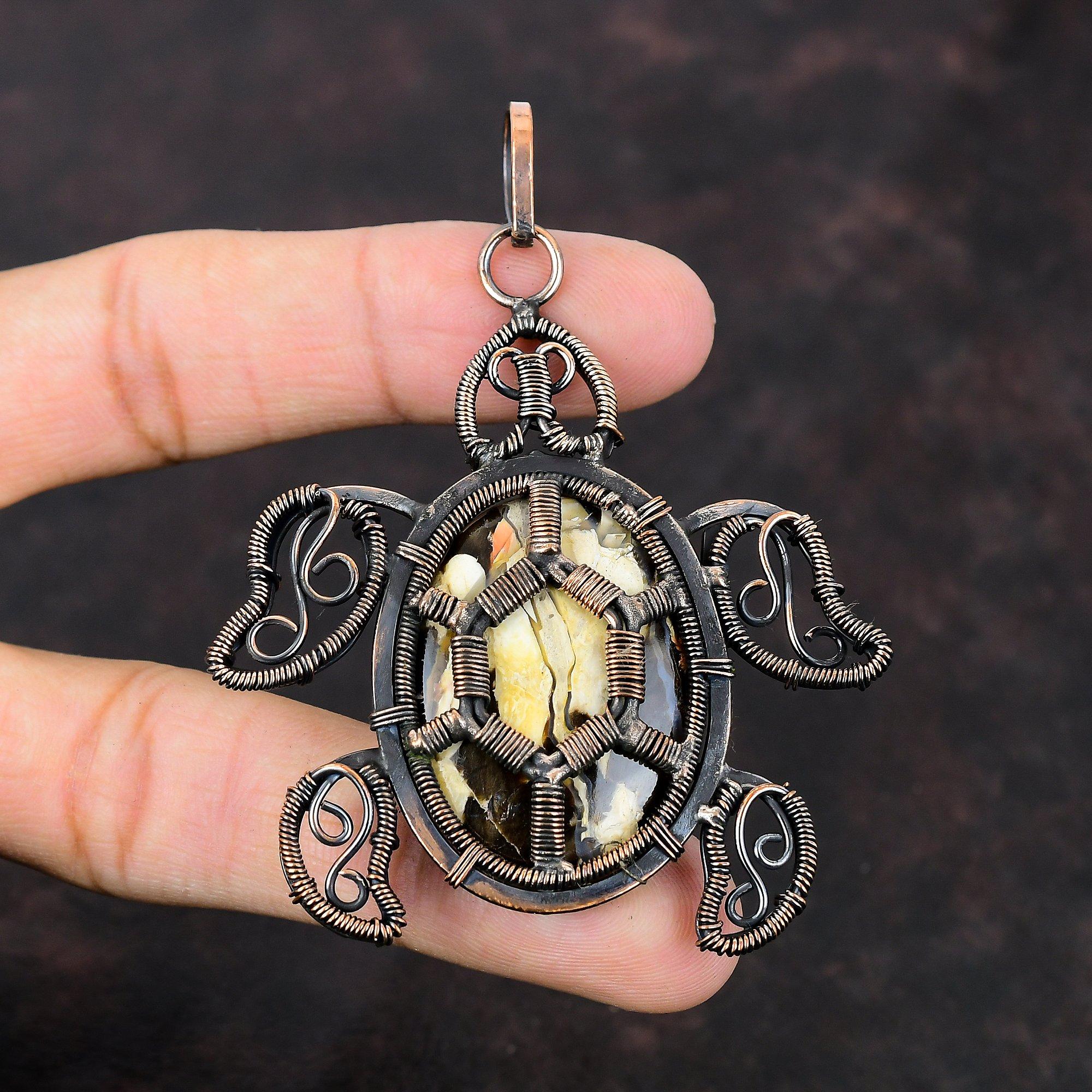 Peanut Wood Jasper Gemstone Pendant Copper Wire Wrapped Pendant Tortoise Pendant Copper Jewelry Gift For Wedding Handmade Wire Wrap Jewelry