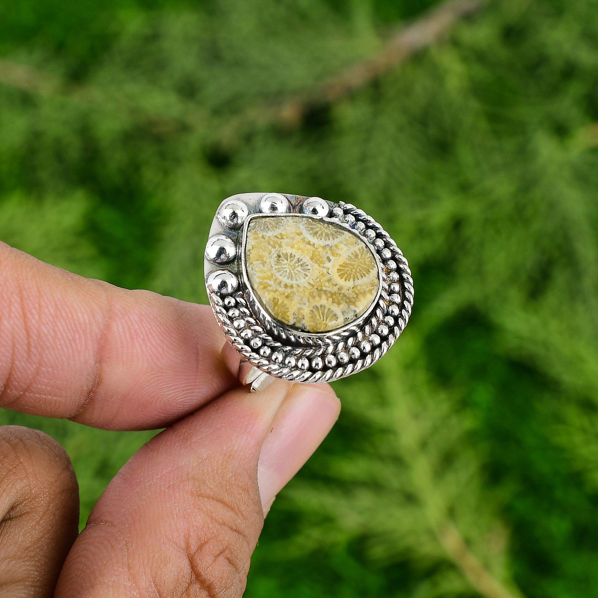 Thanks Giving Day Deal 925 Silver Pear Fossil Coral Stone Promise Solitaire Ring
