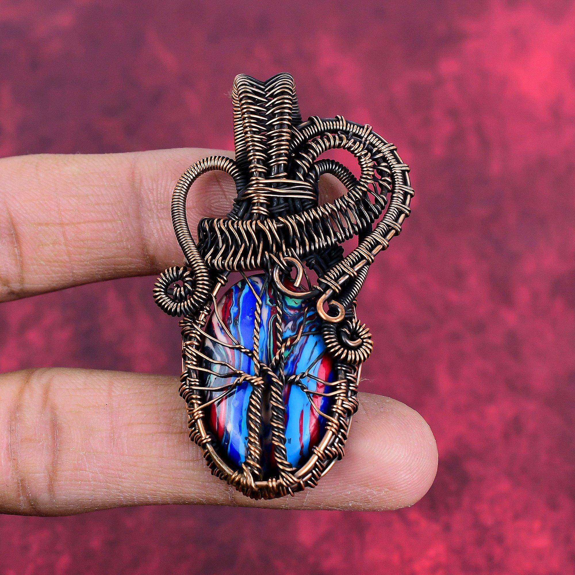 Tree of Life Rainbow Calsilica Pendant Copper Wire Wrapped Pendant Handmade Gemstone Jewelry Designer Pendant Copper Jewelry Gifts for Women