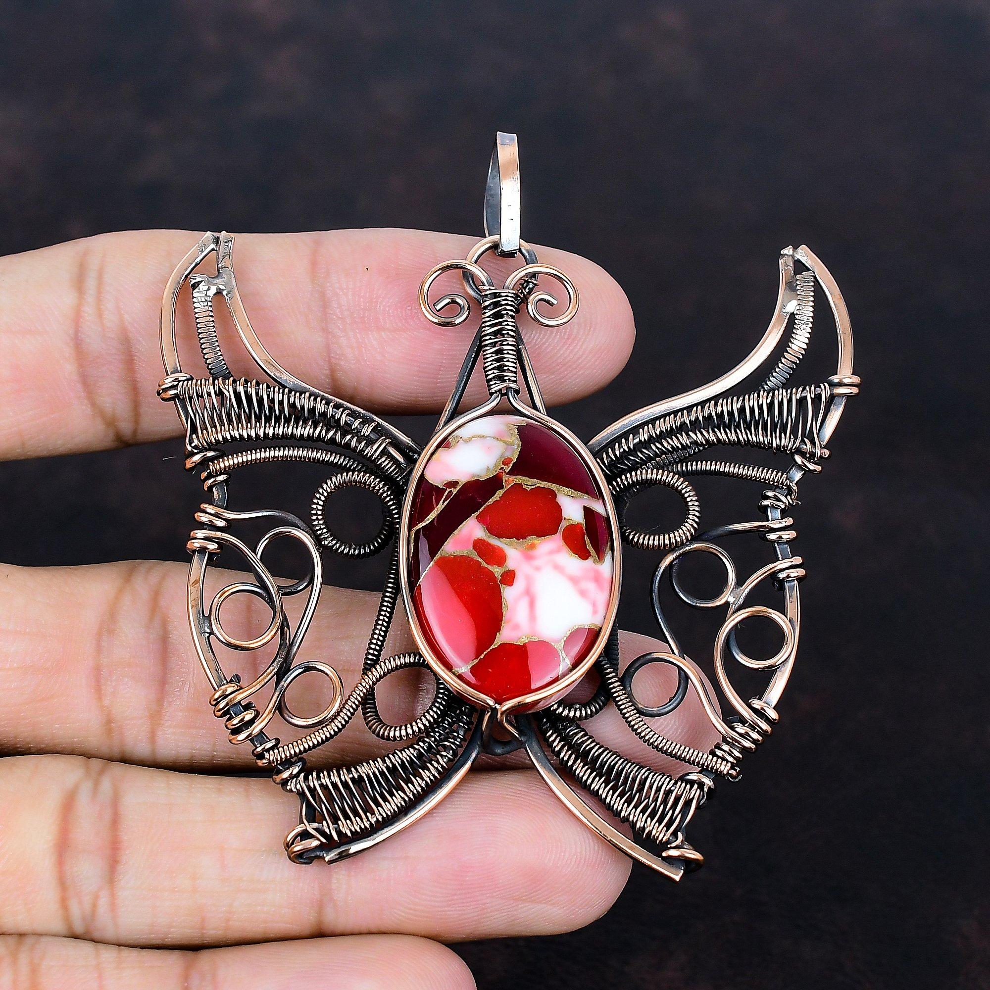 Kingman Red Mohave Copper Turquoise Pendant Copper Wire Wrapped Pendant Handmade Jewelry Butterfly Pendant Gemstone Jewelry Gifts for Mother