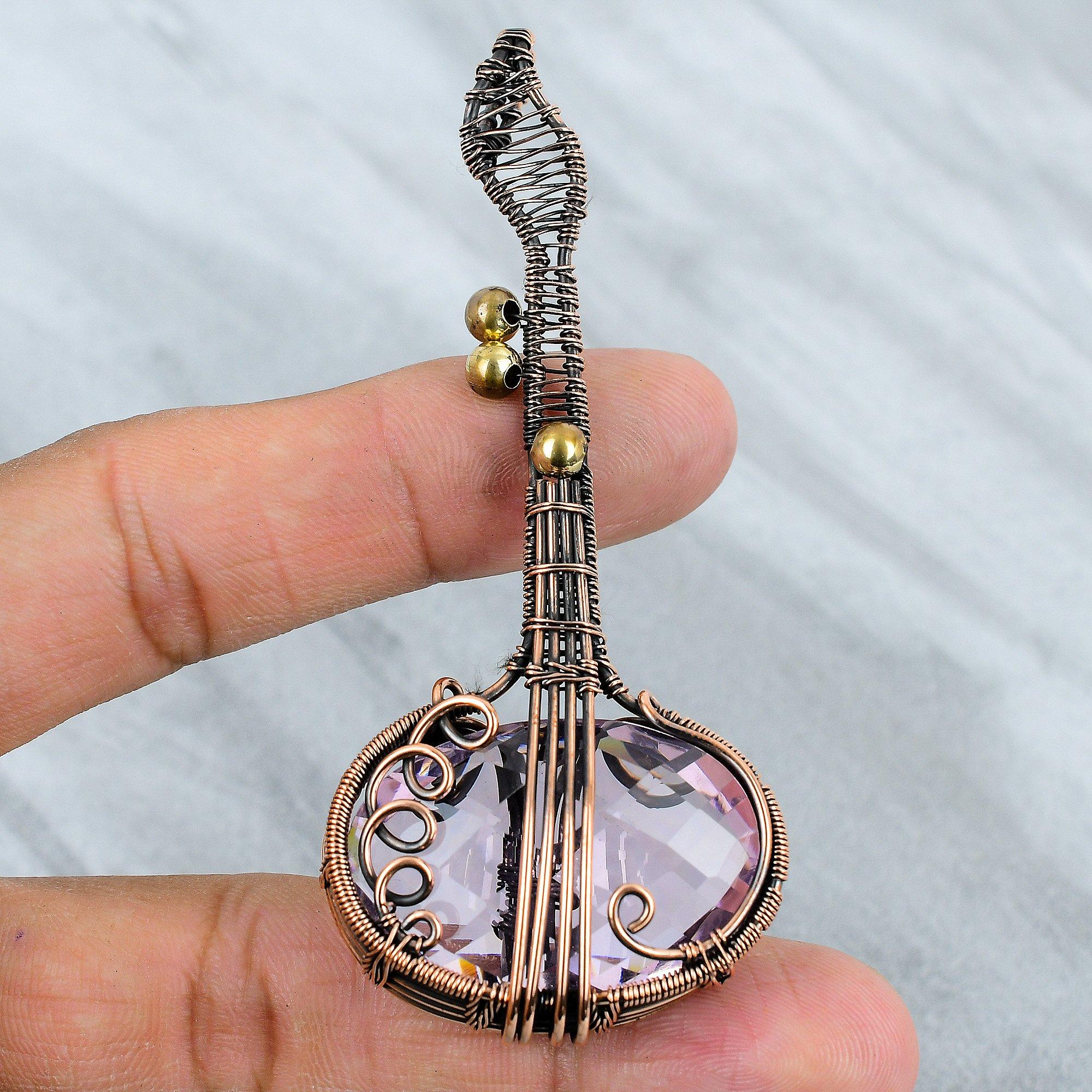 Pink Kunzite Copper Pendant Copper Wire Wrapped Pendant Big Copper Pendant Handmade Guitar Pendant Gemstone Jewelry Music Instrument Pendant