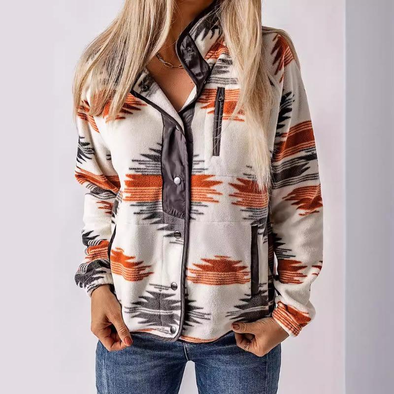 Women's Autumn Warm Printed Button Coat Lightweight Outerwear Soft Warm Velvet Fabric New Fashion Jacket