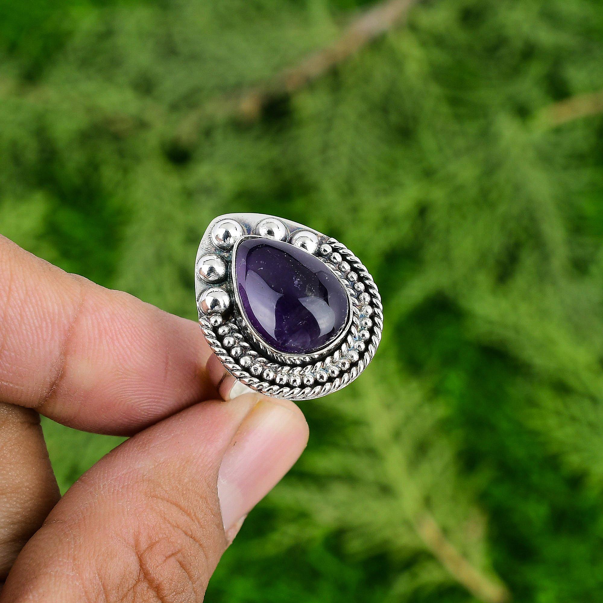 925 Sterling Silver Pear African Amethyst Gemstone Bezel Mother Statement Ring