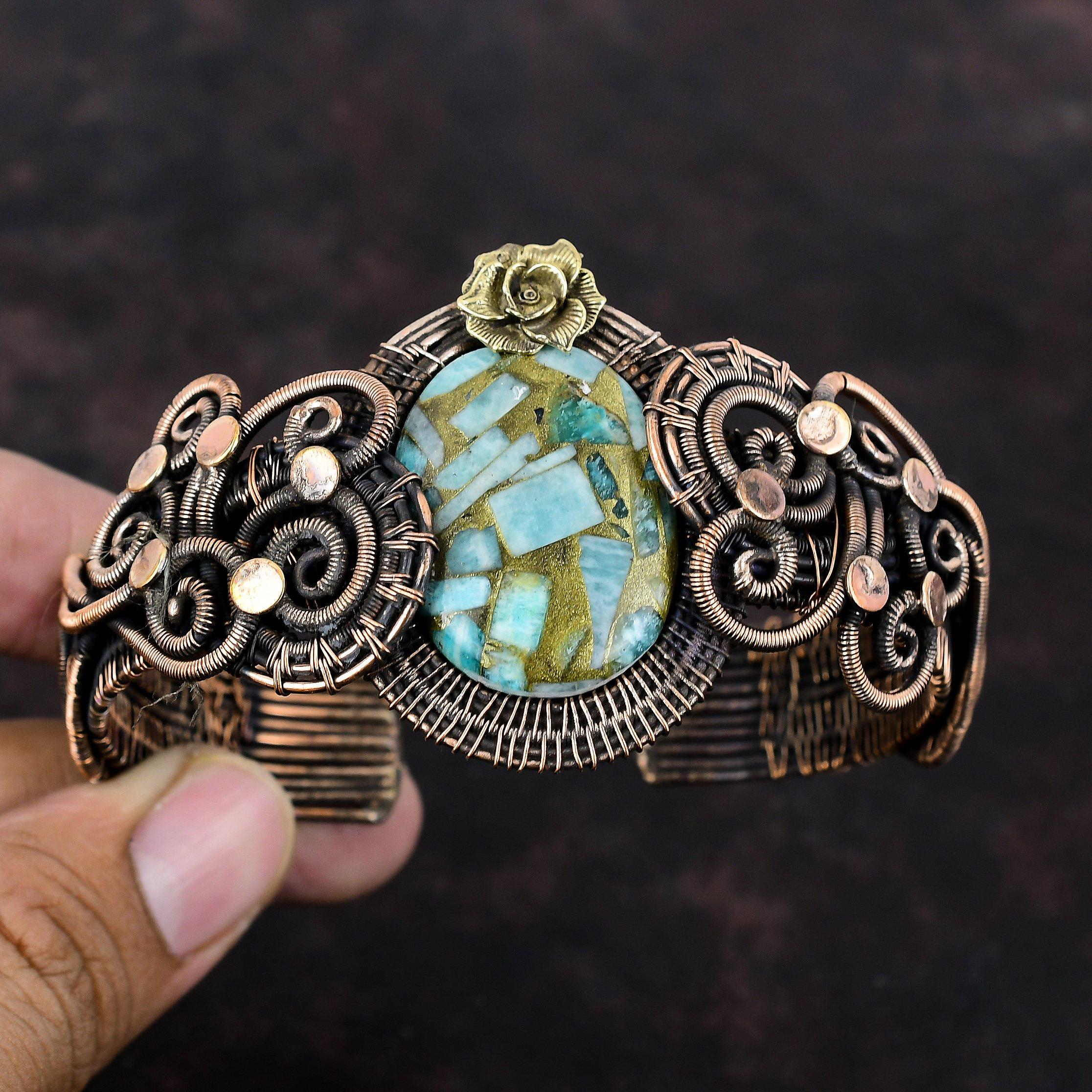 Copper Amazonite Cuff Bracelet Copper Wire Wrapped Adjustable Bangle Handmade Cuff Gemstone Flower Bangle Wire Wrapping Jewelry Gift For Mom