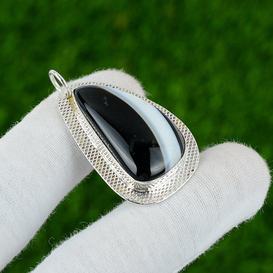 925 Sterling Silver Pear Sardonyx Gemstone Bezel Elegant Sister Pendant Jewelry